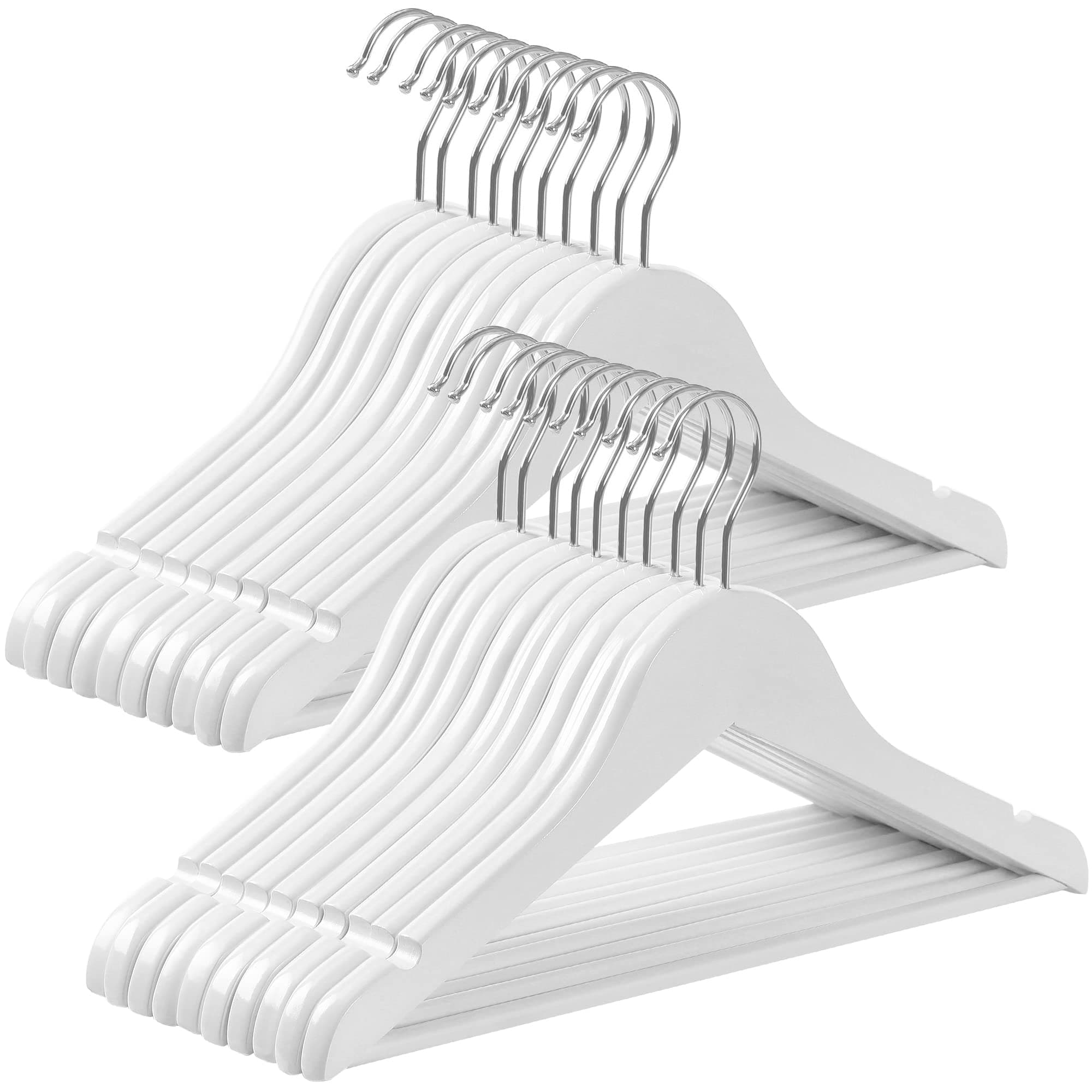 SONGMICS Juego de 20 Perchas para Niños de Madera Maciza, para Ropa Infantil, con Barra de Pantalones, Muescas en Hombros, Ganchos Giratorios, 35 cm Largo, Blanco y Plata CRW06W-20