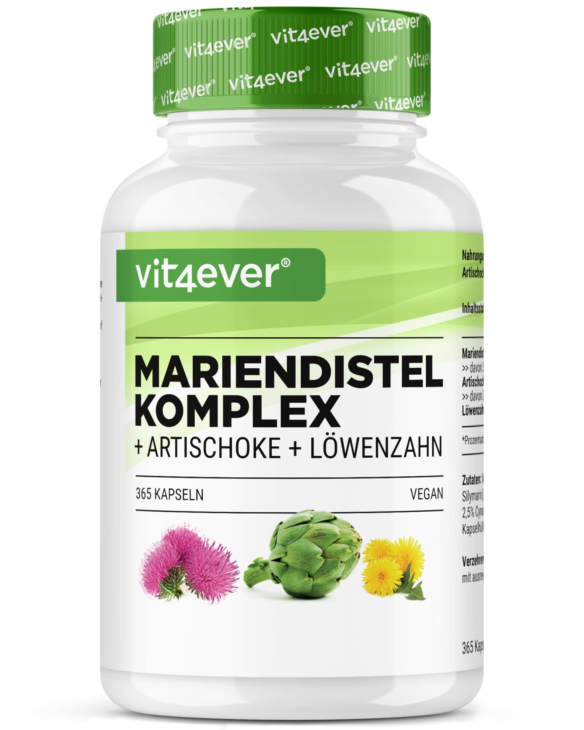 Mariendistel Artischocken Löwenzahn Komplex - 365 Kapseln (6 Monatsvorrat) - Hochdosiert 80% Silymarin & 2,5% Cynarin - Laborgeprüft - Vegan