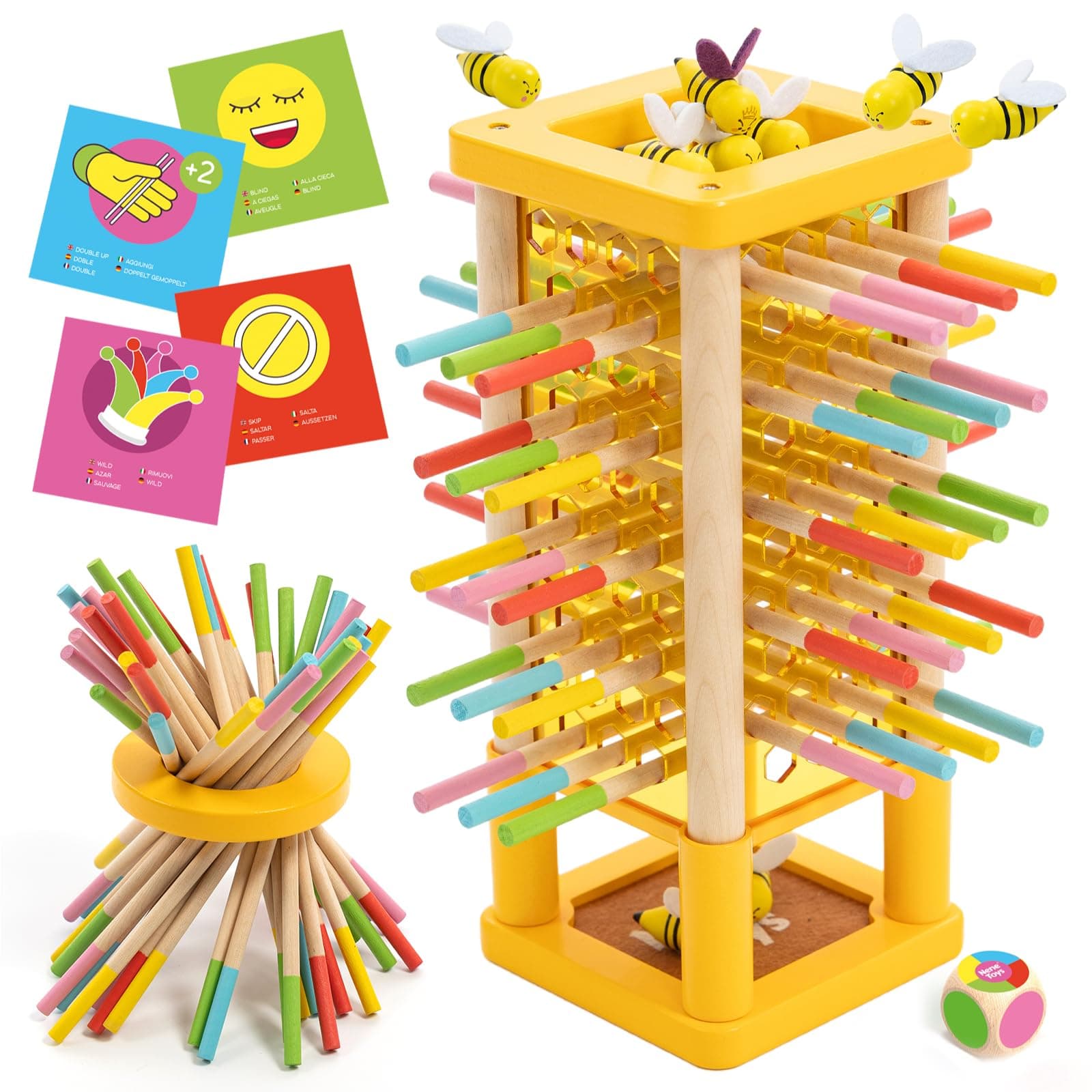 Nene Toys BEEFALL – Juego de Mesa Montessori para Niños 3 4 5 6 Años – Juguete Educativo de Madera con Palitos, Dado y Cartas – Regalo Didáctico 3-9 Años para Niñas y Niños – Motricidad Fina