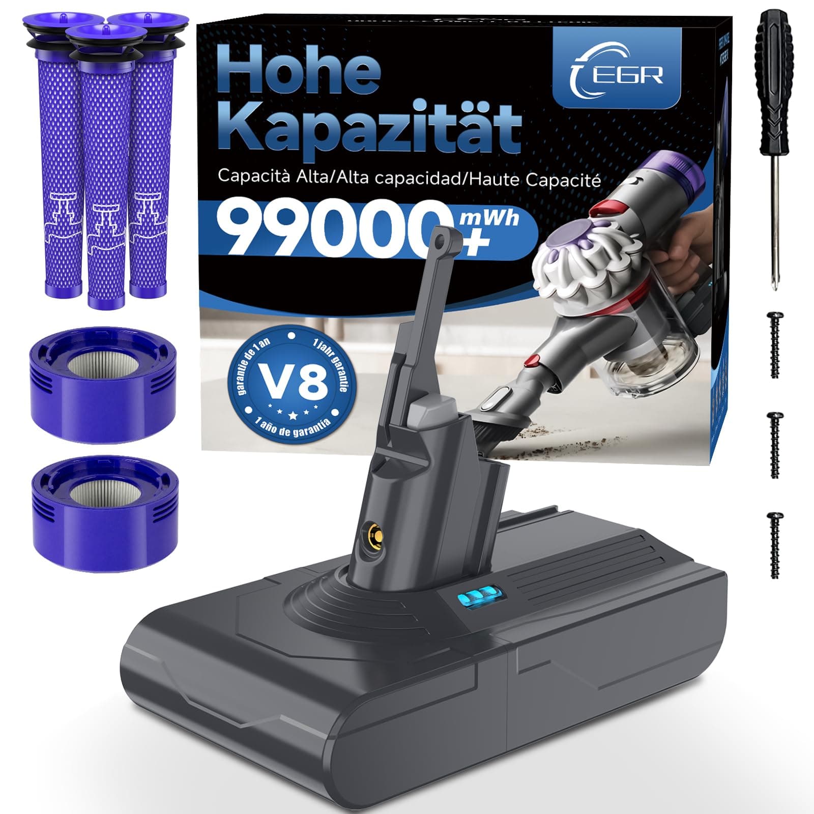 EGR Améliorée V8 Batterie Compatible pour Dyson V8 Absolute/Animal/Motorhead/Fluffy SV10 Carbon Fiber Aspirateur Batterie avec 5 Filtres et 3 Vis