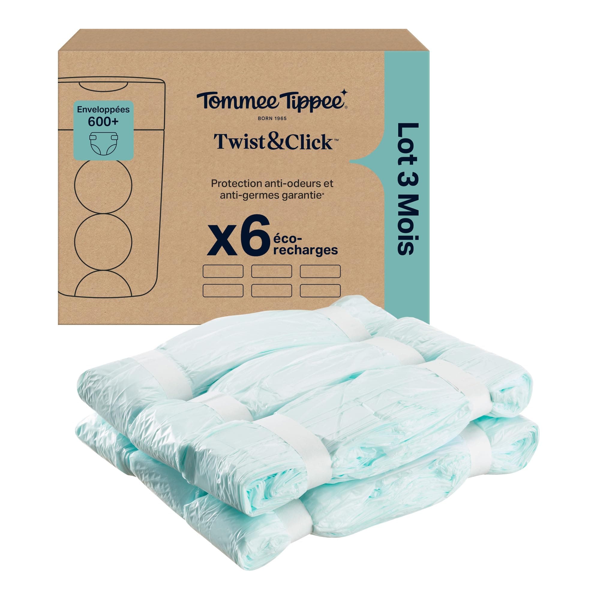 Tommee Tippee Film de Recharge Poubelle à couches Twist & Click, Lot de 6, Longueur 10,5m chacun, Film multicouches antibactérien*, Se glisse dans la cassette Twist & Click, 6 x 10,5m