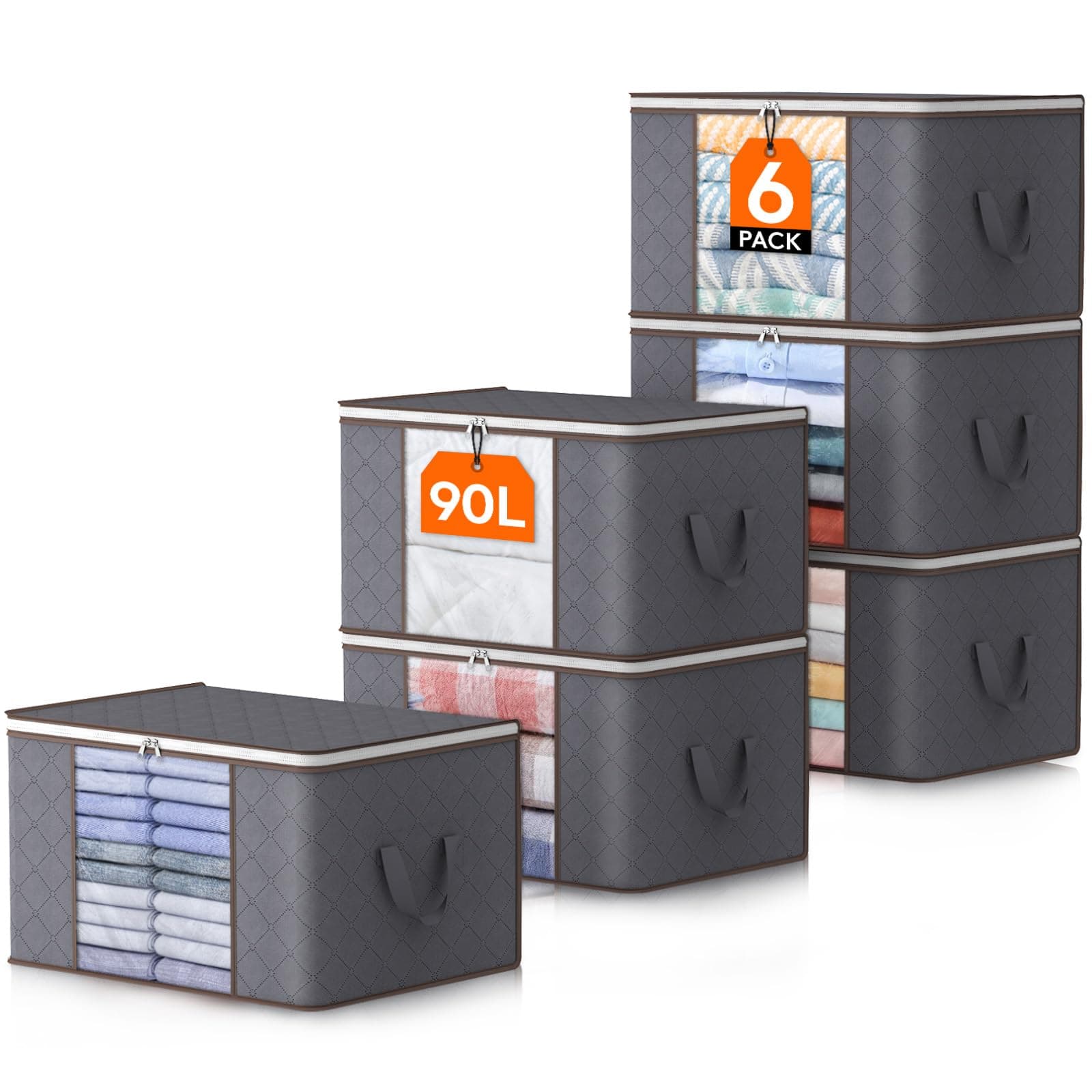 Lifewit 6 Stück 90L Große Aufbewahrungstasche Schrank Organizer Set, Faltbar Kleideraufbewahrung mit verstärkt Griff, stabilem Reißverschluss für Kleidung, Bettwäsche, Bettdecken, Steppdecke, Grau