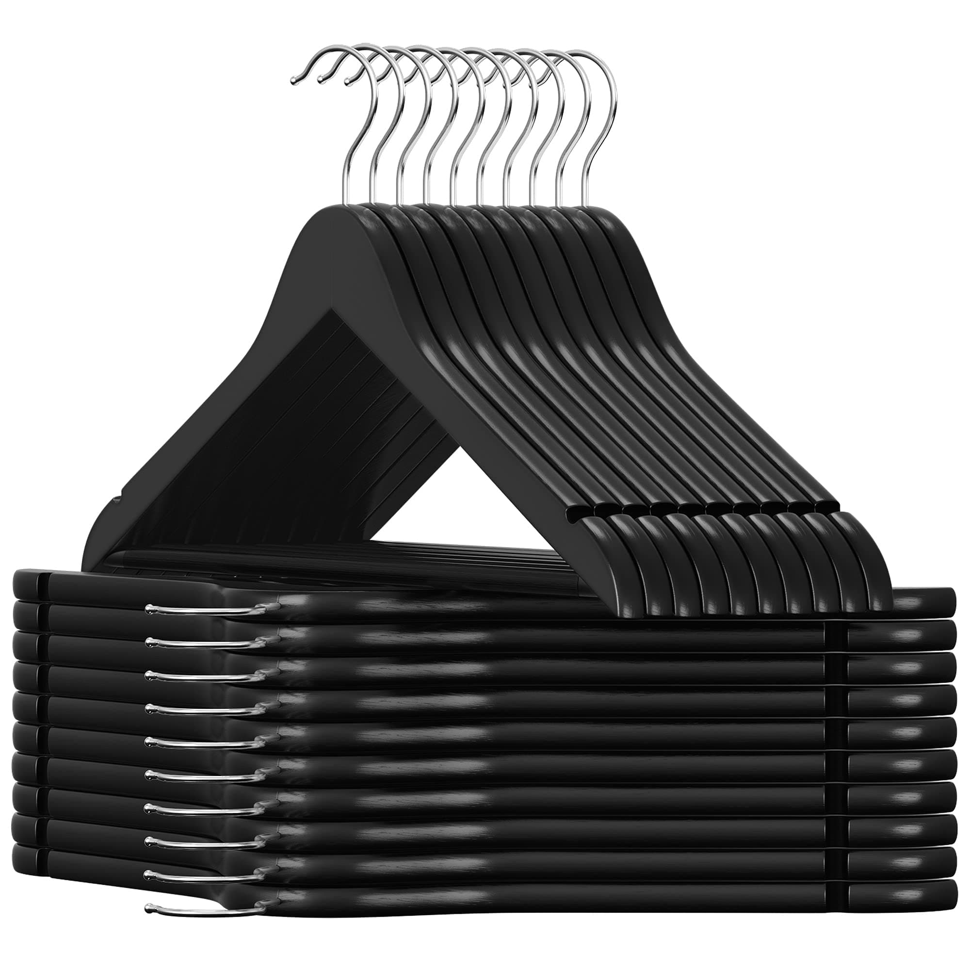 SONGMICS Kleiderbügel aus Holz, 20 Stück, mit rutschfesten Kerben, rutschfeste Stange für Hosen, 360° drehbarer Haken, für Anzüge, Hemden, Mäntel, Schwarz und Silber CRW02B-20