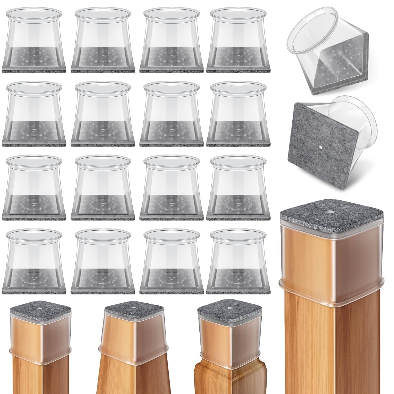 Gommini Per Sedie Quadrati, 24 Pezzi Feltrini per Sedia in Silicone Trasparente con Feltro, Antigraffio in feltro per sedie, tappi protettivi per gambe di per pavimenti in Legno(Fit:40-55mm)