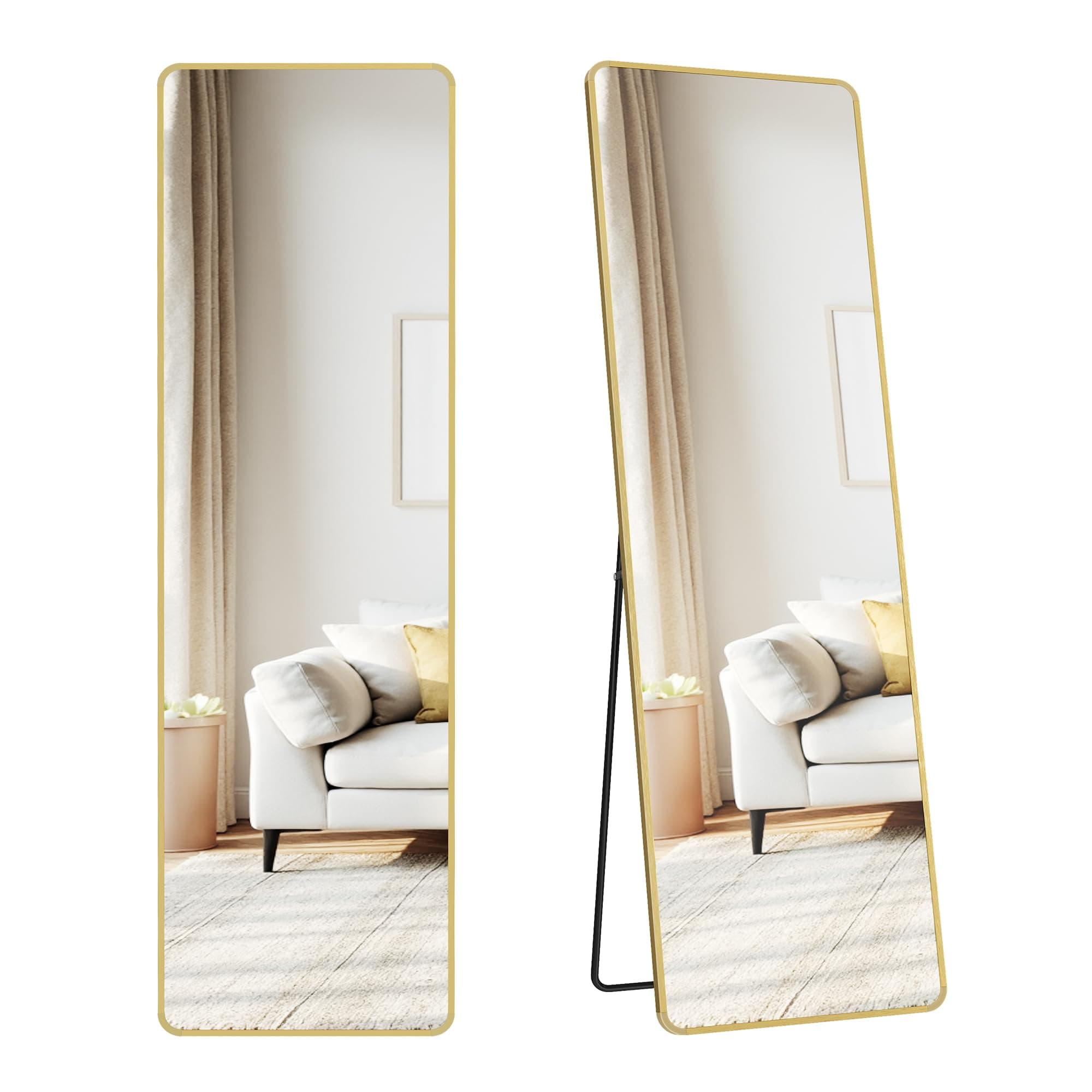 SONGMICS Specchio a Figura Intera, 150 x 40 cm, Specchio da Terra Rettangolare con Supporto, Cornice in Lega di Alluminio, Vetro Temperato, Camera da Letto Soggiorno, Oro Pallido LFM034AB01