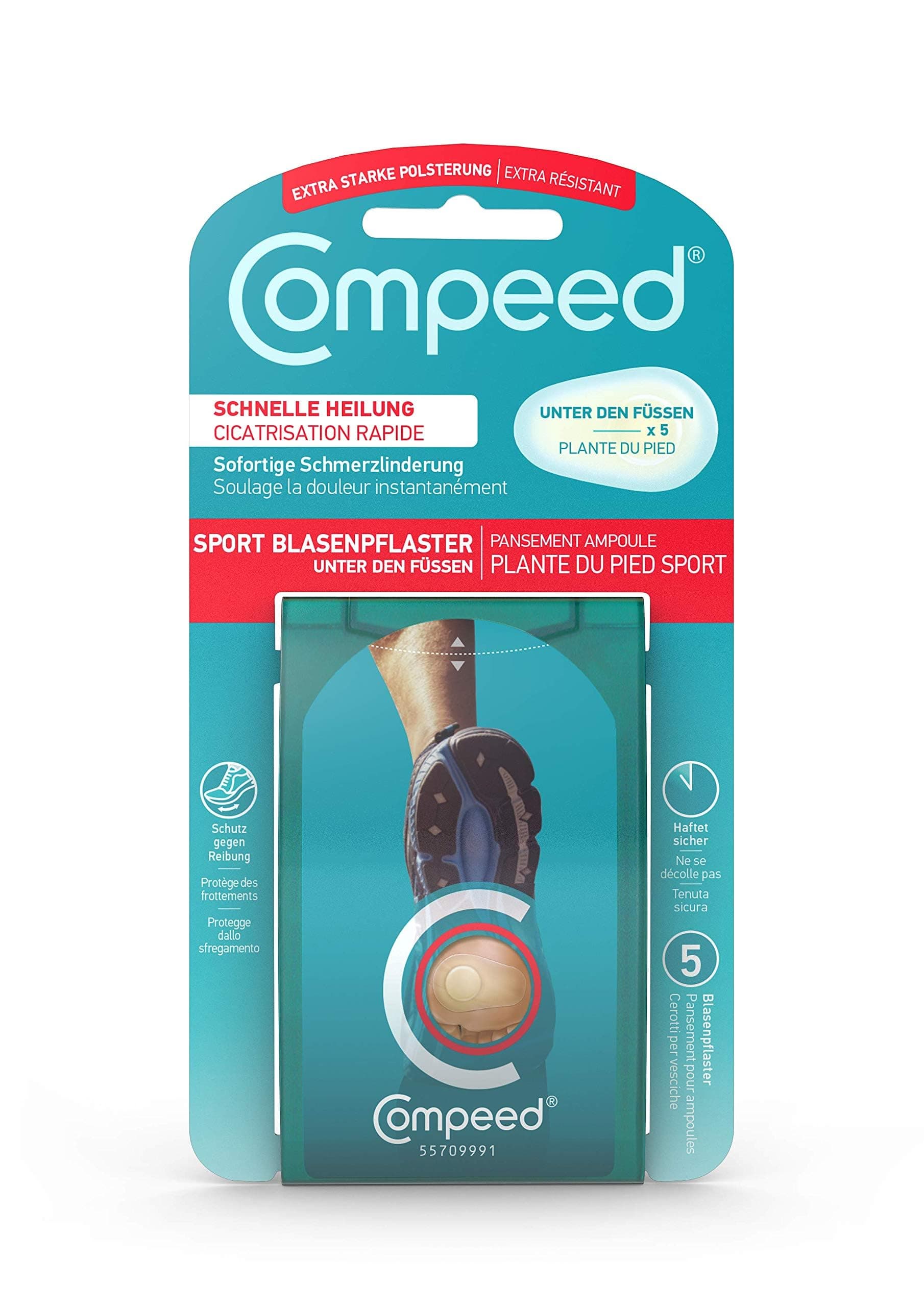 Compeed Sport Blasenpflaster - Hydrokolloid-Pflaster für die Nutzung unter den Füßen - lindert Schmerzen, zur schnellen Abheilung - 4,0 x 6,6 cm - 5 Stück