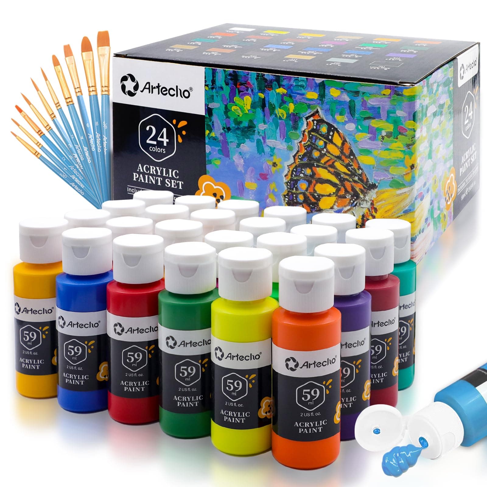 Artecho Pinturas Acrilicas 24 × 59 ml con Pincel de 10 Piezas, Acrylic Paint Set, no Tóxico, Impermeable y Resistente a la luz, para Lienzos, Tela, Madera, Cristal, Piedras.