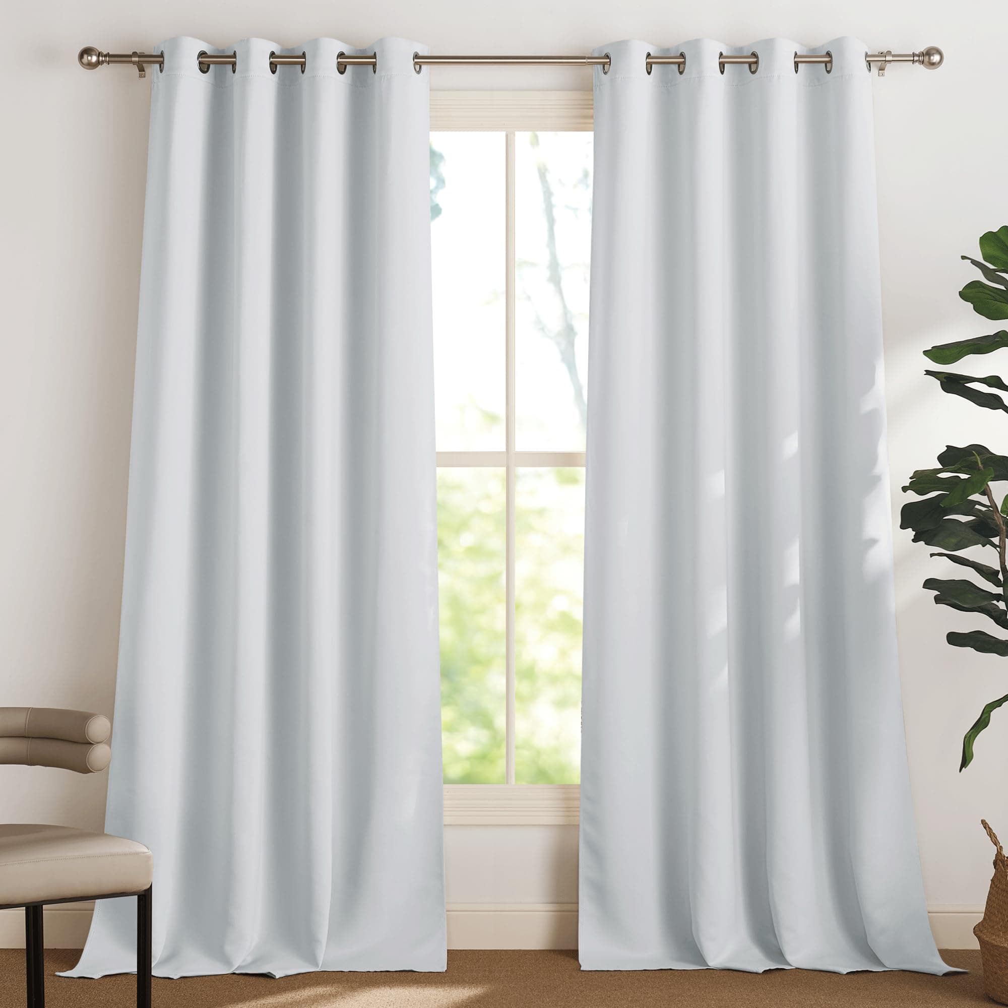 PONY DANCE Rideau Blanc Occultant - Rideaux Panneaux avec Oeillets Prêt à Poser Large Draperies pour Salon Chambre Isolation Thermique, L 140 cm x H 300 cm, Gris Blanc, Lot de 2