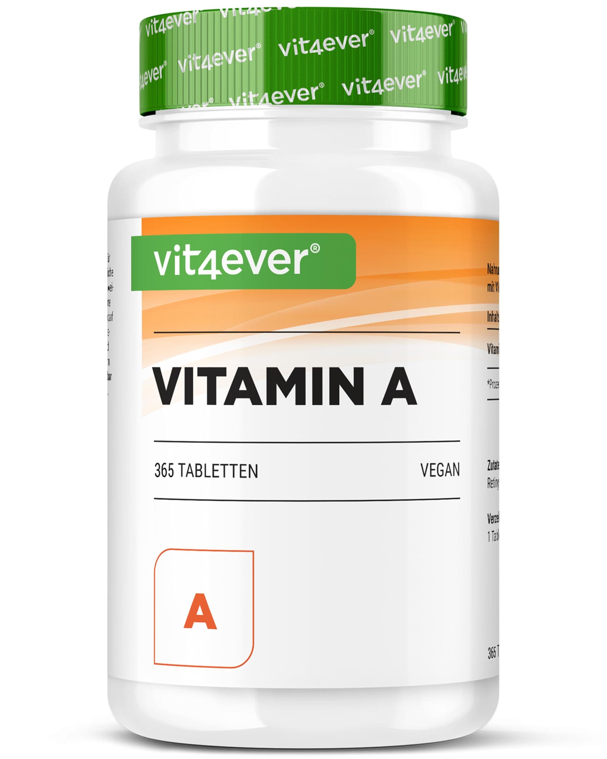 vit4ever Vitamin A - 10.000 I.E. (3000 µg) - 365 Tabletten - Alternative zu Kapseln - Hochdosiertes Retinylacetat - Ohne unerwünschte Zusätze - Augen, Haut, Immunsystem - Vegan
