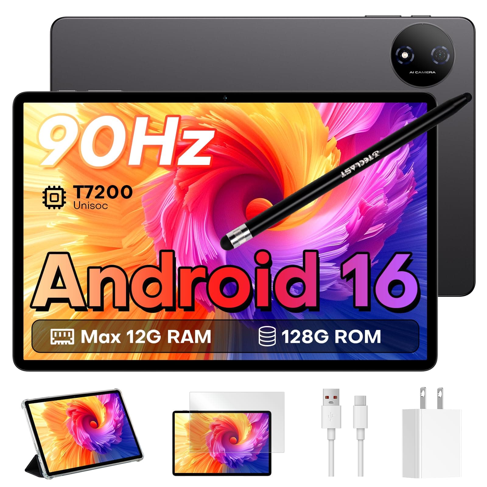 TECLAST P50T Android 16 Tablet 11 Pollici Gemini AI, 90Hz Display, 2GHz Octa Core, 2.4G+5G WiFi, 12GB RAM 128GB (5TB TF), 7000mAh, Widevine L1, 13MP, GPS/BT5/OTG, Tablet con custodia+penna