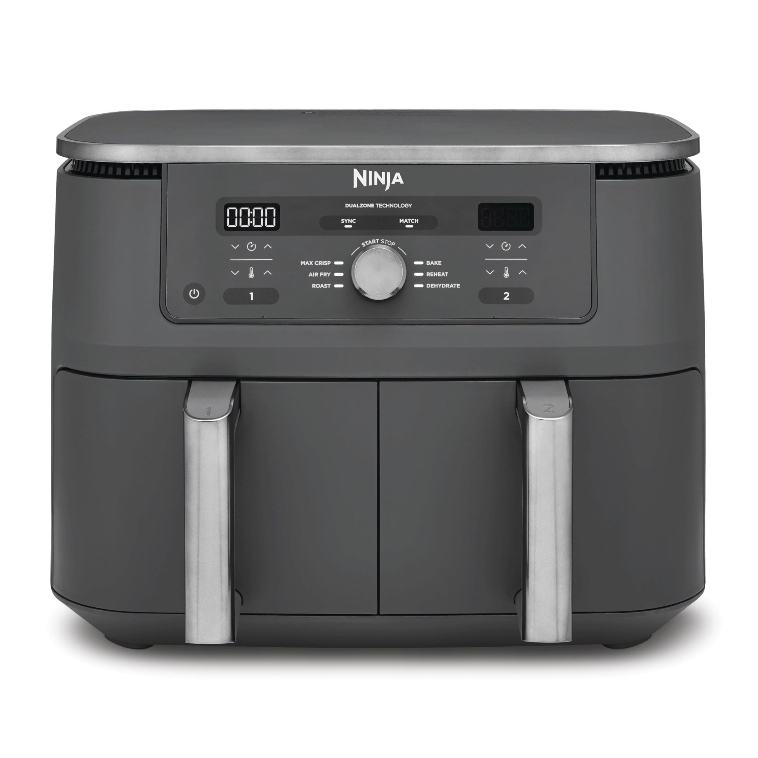 Ninja Dual Zone Digital Air Fryer, 2 Schubladen, 6-in-1, Heißluftfritteuse, 9,5L, Heißluft-Frittieren, Max Crisp, Rösten, Backen, Aufwärmen, Spülmaschinenfeste Körbe, Metallic Grau DZ400EU