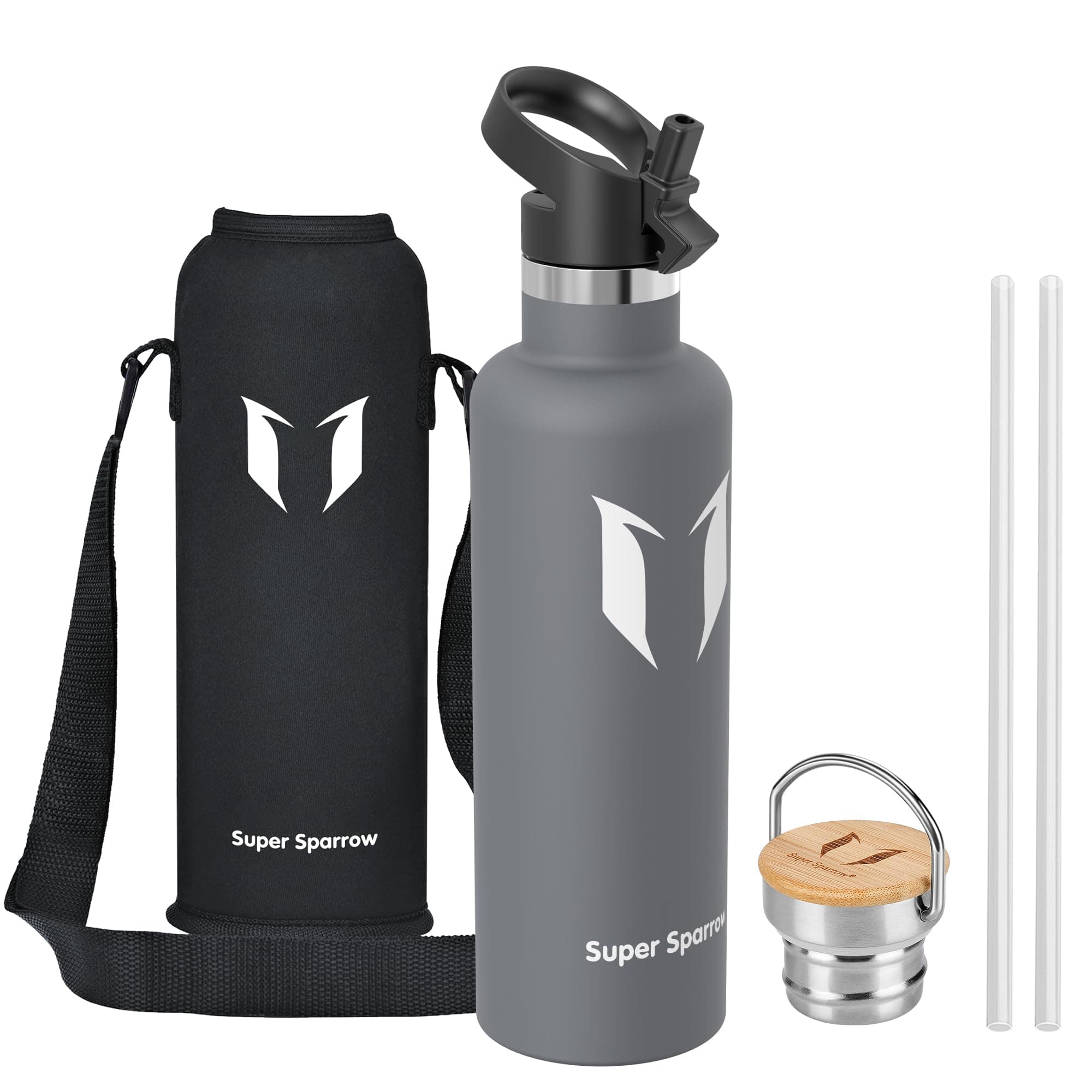 Super Sparrow Trinkflasche Edelstahl - 350ml/500ml/620ml/750ml/1L - Auslaufsicher Thermoskanne, BPA-Frei Wasserflasche - Thermosflasche Kinder für Sprudel, Sport, Schule, Fitness - Mit 2 Deckeln