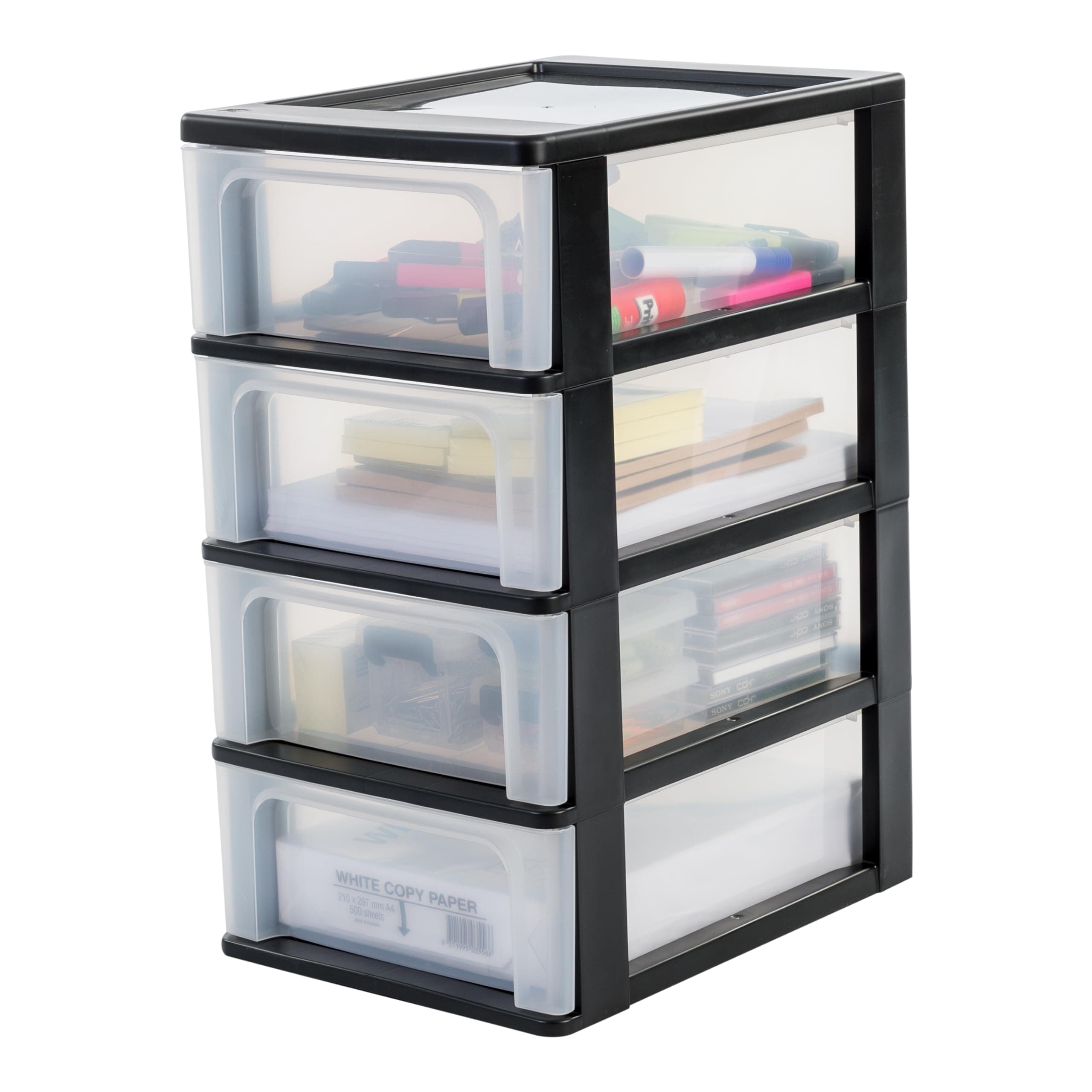 Iris Ohyama, Kunststoff Schubladenbox mit 4 flachen Schubladen, Schwarz, Easy-Pull-System, A4, A5 & A6 Format, Schreibtisch Organizer für Büro, Schreibwaren, BPA-frei, Schubladenschrank, OCH-2004