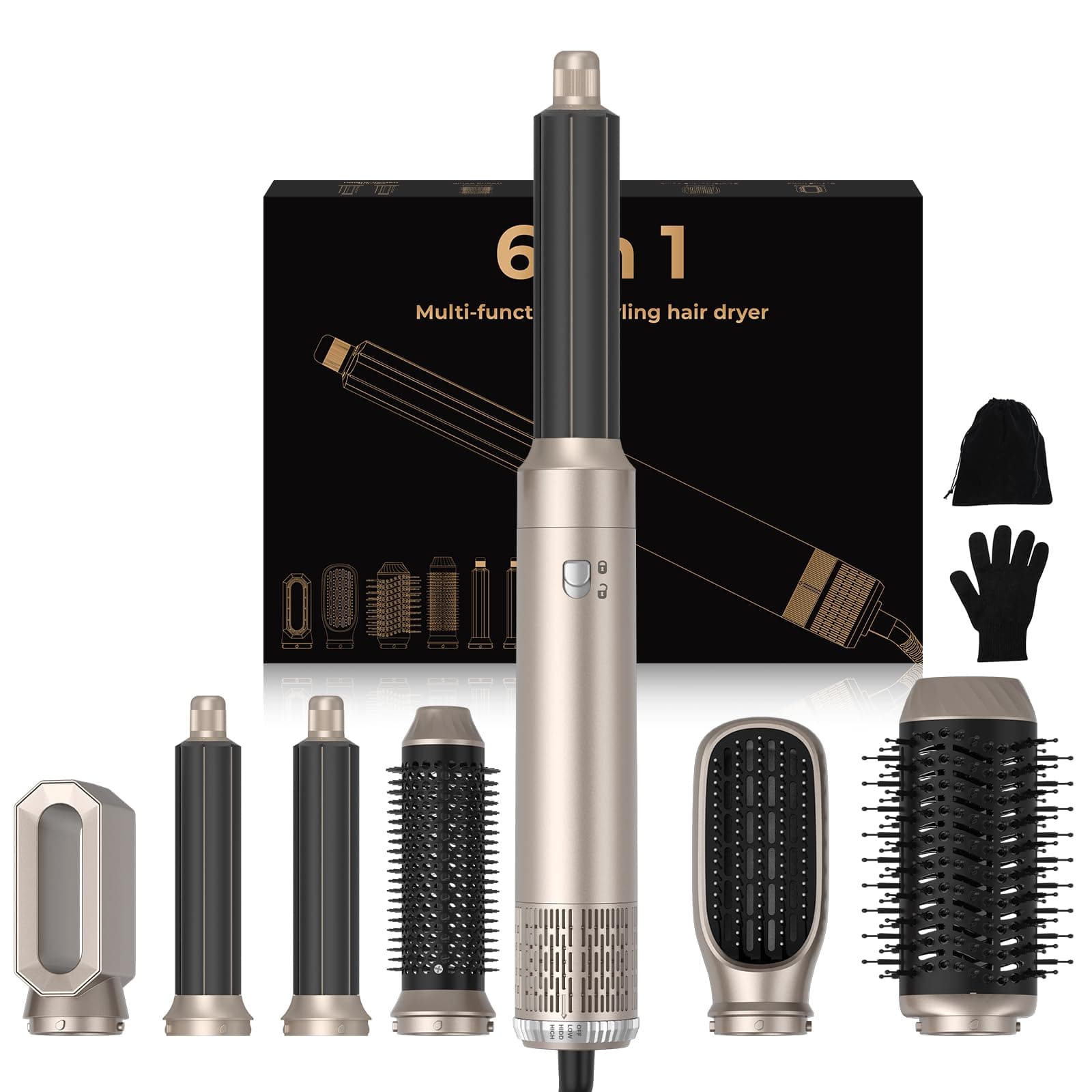 Hair Styler Airbrush 6 en 1 Air Brush 6 en 1 Air Styler avec Seche Cheveux, Brosse Soufflante, Fer a Boucler, Thermal Brush, Brosse Lissante Seche Cheveux 6 en 1 pour Sécher, Boucler, Lisser