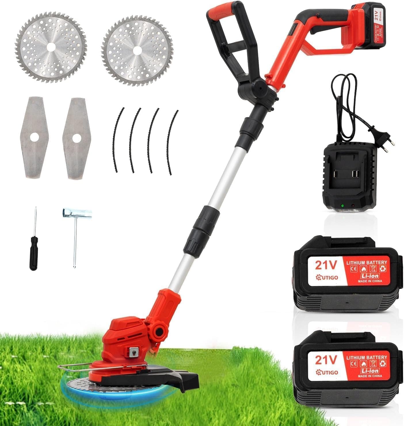 Cortacésped inalámbrico, Cortacésped a batería, Equipado con 2 baterías de 21 V y 4 Ah y un Mango telescópico Ajustable para Cortar el césped del jardín.