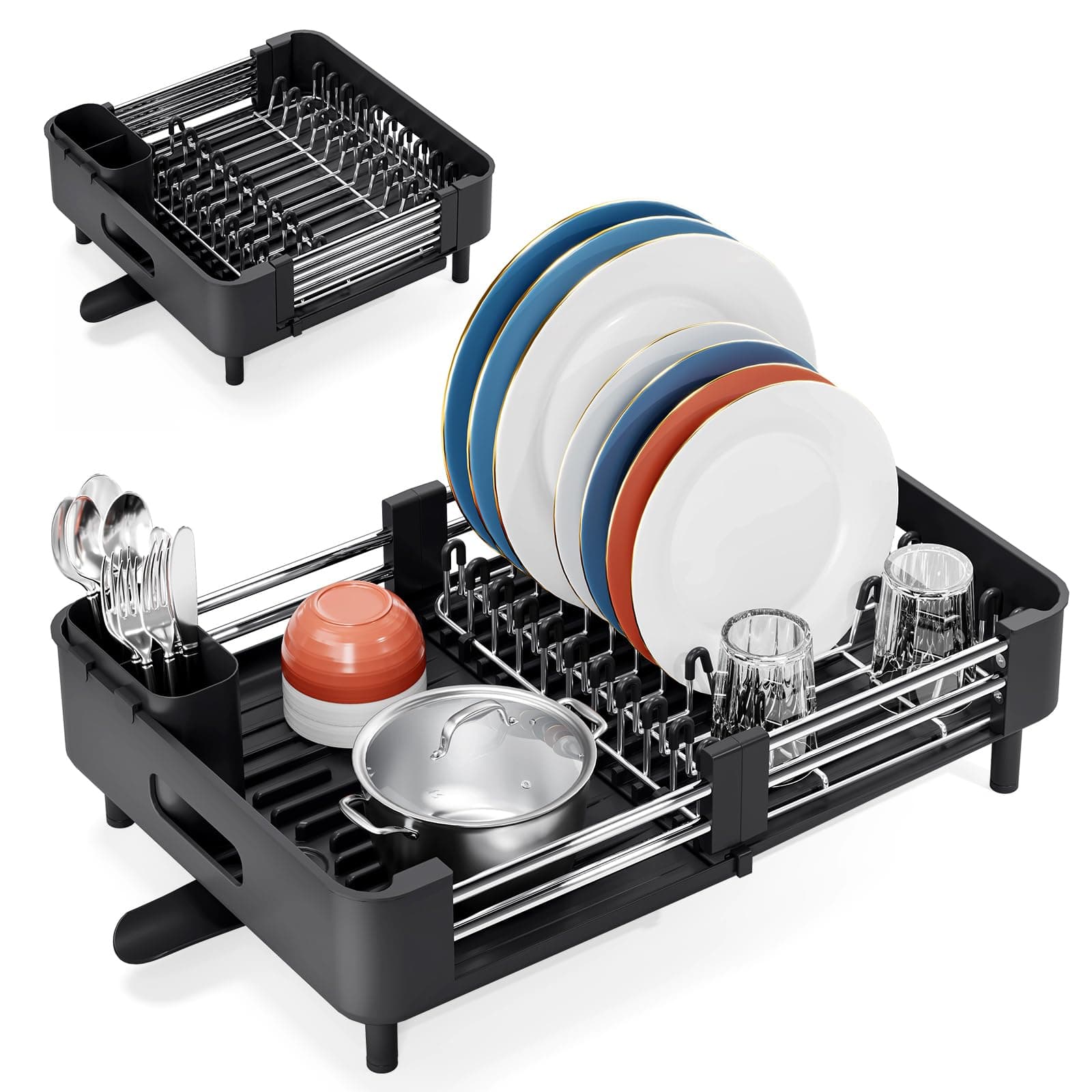 kingrack Egouttoir Vaisselle, Egoutoire Vaisselle Cuisine Extensible(32-47CM), Égouttoir Vaisselle en Acier Inoxydable avec Porte-Couverts, Égouttoir à Vaisselle Pliable avec Bec de Drainage