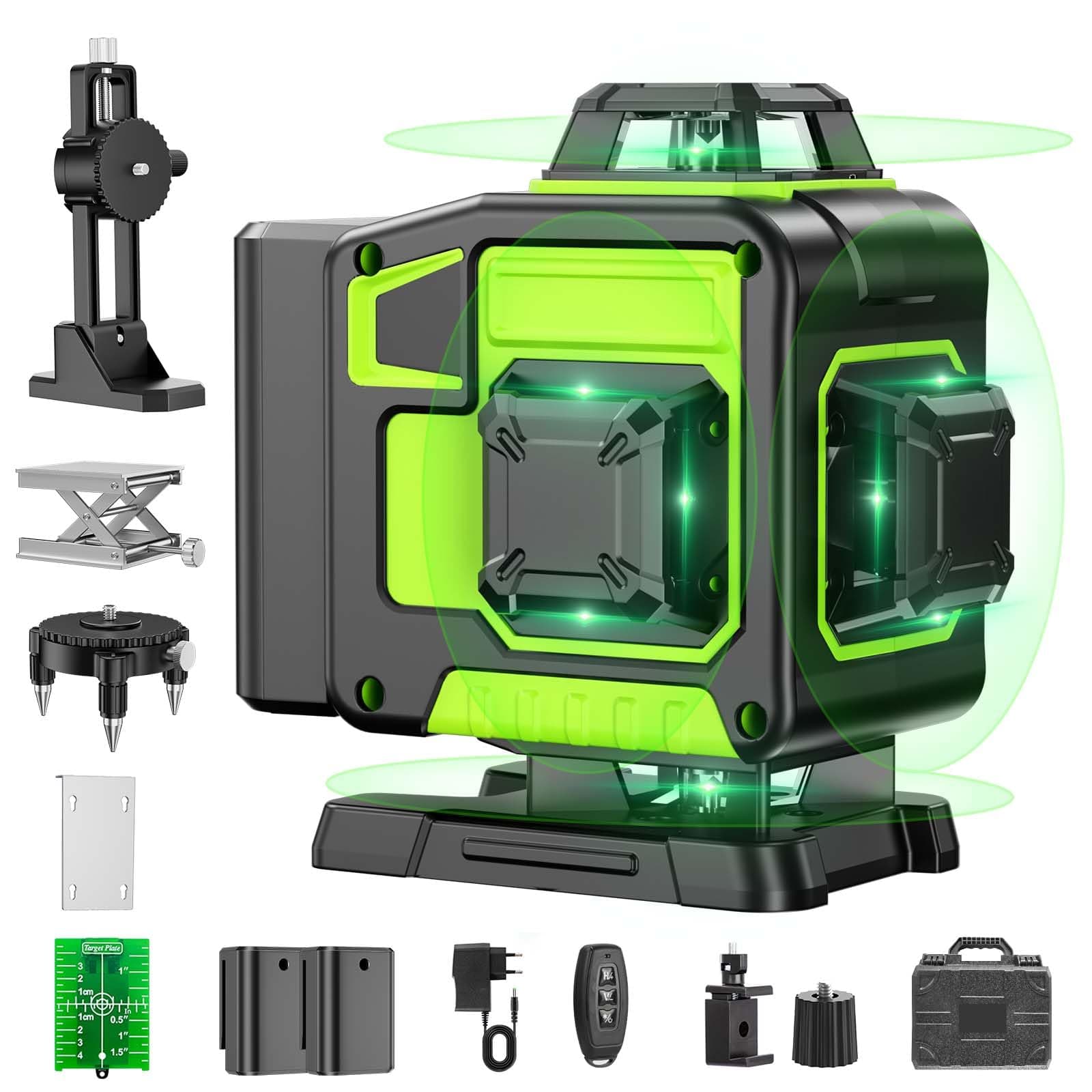 Nivel Laser Autonivelante 360 Grados, Nivel Láser Verde 16 Líneas, 2 x 360 Horizontal y 2 x 360 Verticales, 2 x Batería, Montaje en Pared, Control Remoto, Base Magnética, Soporte Giratorio