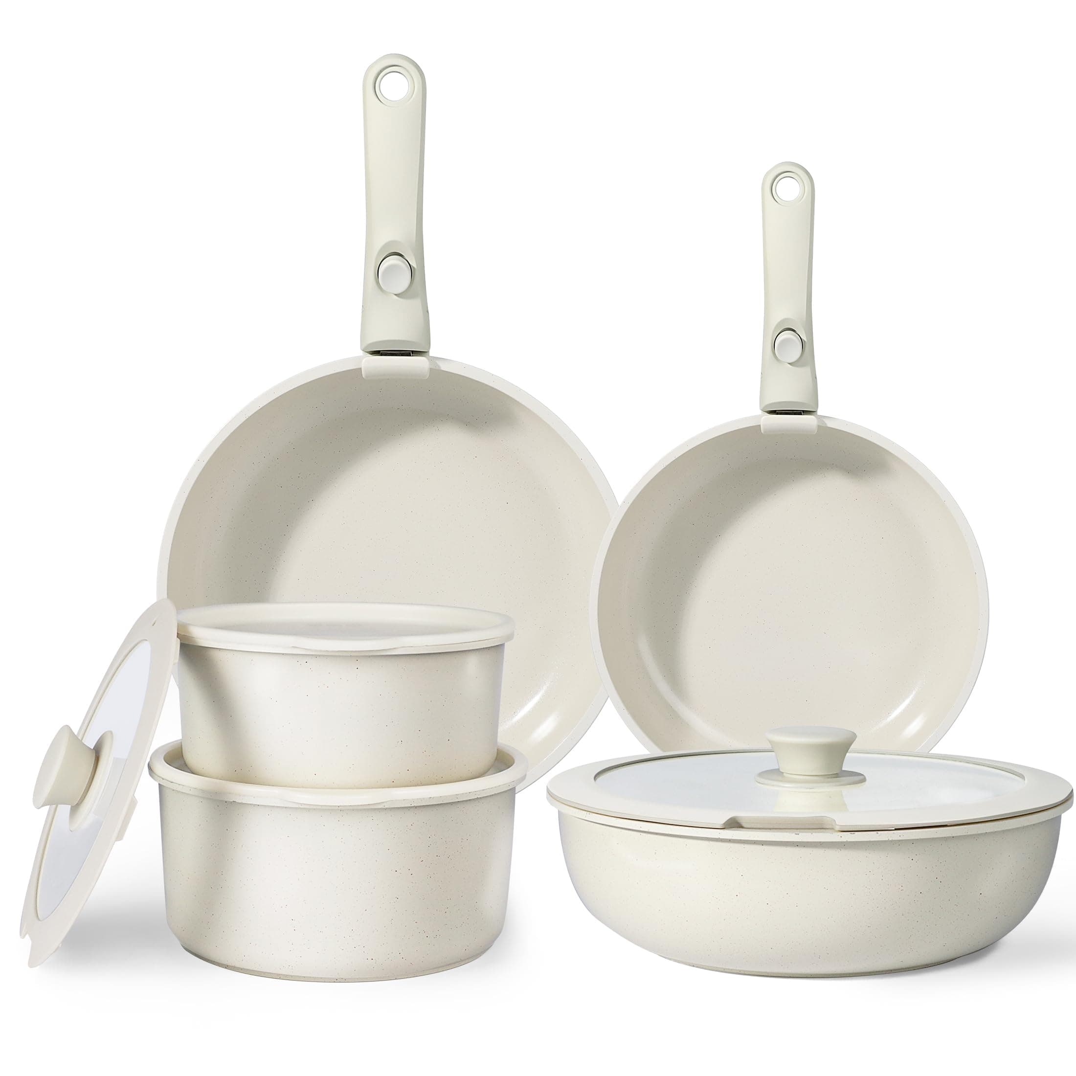 GiPP Set di Pentole e Padelle Ceramiche Antiaderenti 11 Pezzi con Manico Amovibile - Cucina Sana per Camper, Senza Tossine, Compatibile Induzione/Forno/Lavastoviglie (Bianco, 11Pezzi)