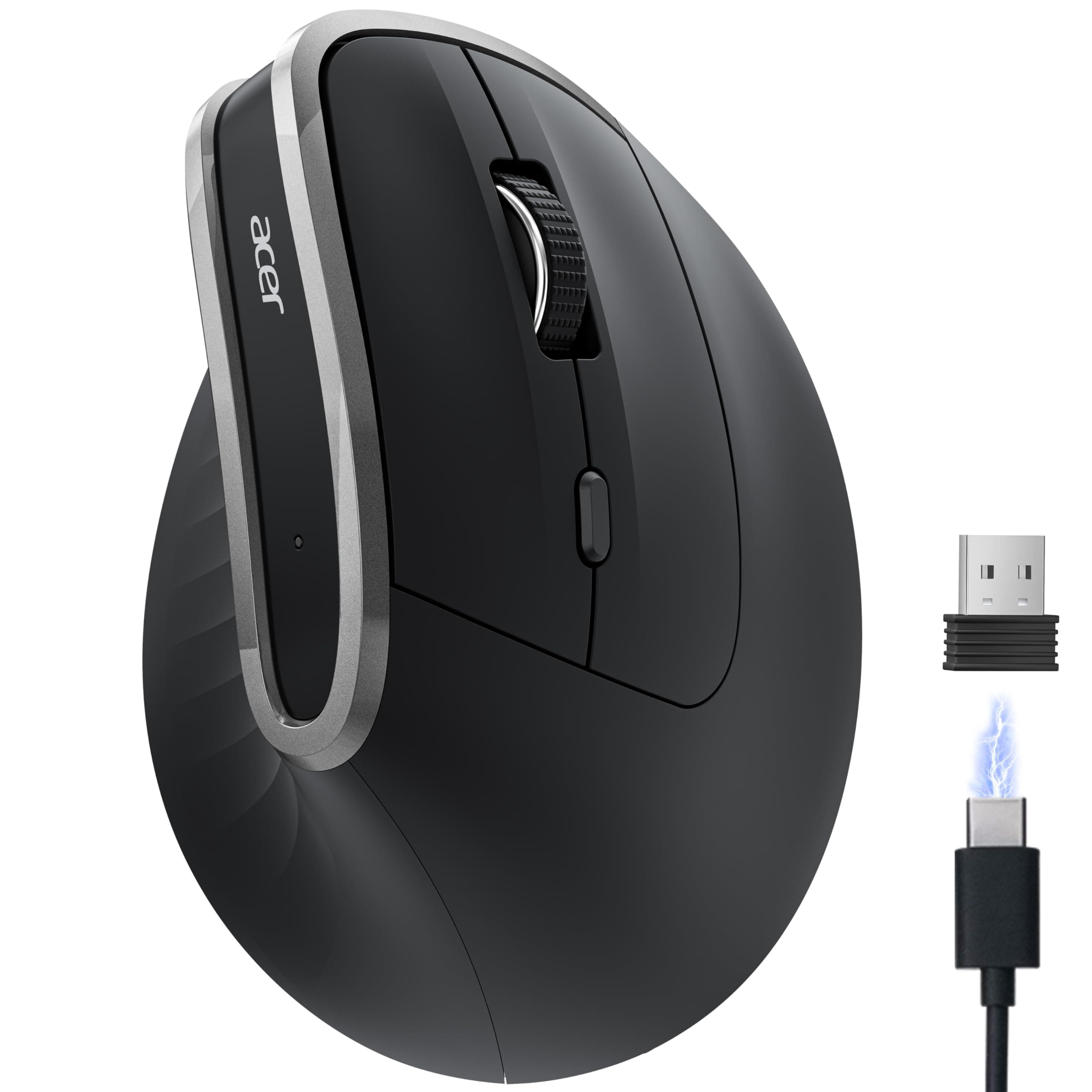 acer 2.4G Ergonomische Maus, Vertikale Optische Maus Kabellos 1600 DPI, Wiederaufladbar Wireless Mouse, Funkmaus mit USB-A Empfänger für PC und Laptops, Kompatibel mit Windows, macOS, Linux usw.