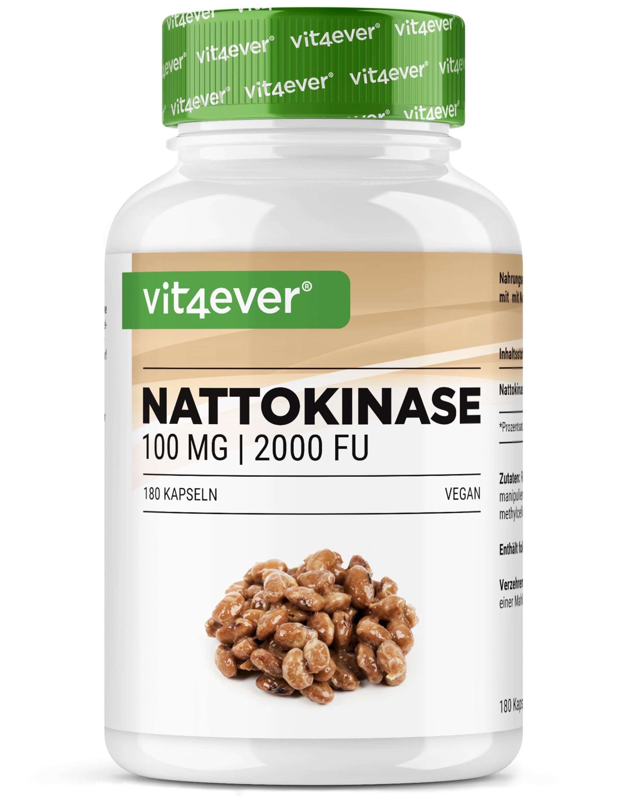 vit4ever Nattokinase - 180 Kapseln mit je 100 mg (20.000 FU/g) - 6 Monatsvorrat - Laborgeprüft - Hochdosiert - Vegan - Aus GMO-freien Soja - Ohne unerwünschte Zusätze