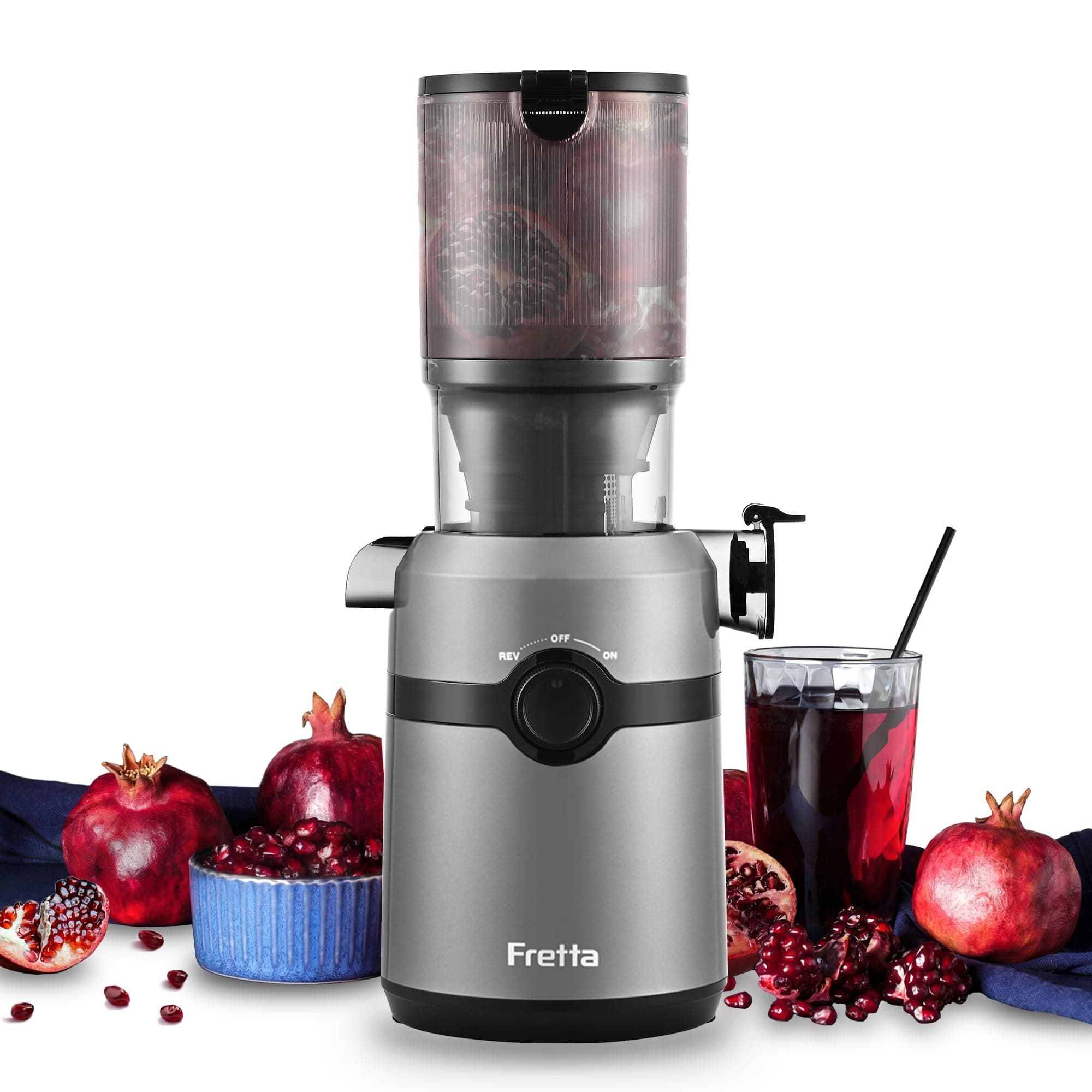 Fretta Extractor de Zumos y Verduras, Apertura de 108MM, Licuadora Prensado en Frio para Verduras Frutas Enteras, 200W Slow Juicer Machine, Fácil Montaje y Limpieza, Sin BPA(Gris, 1L)