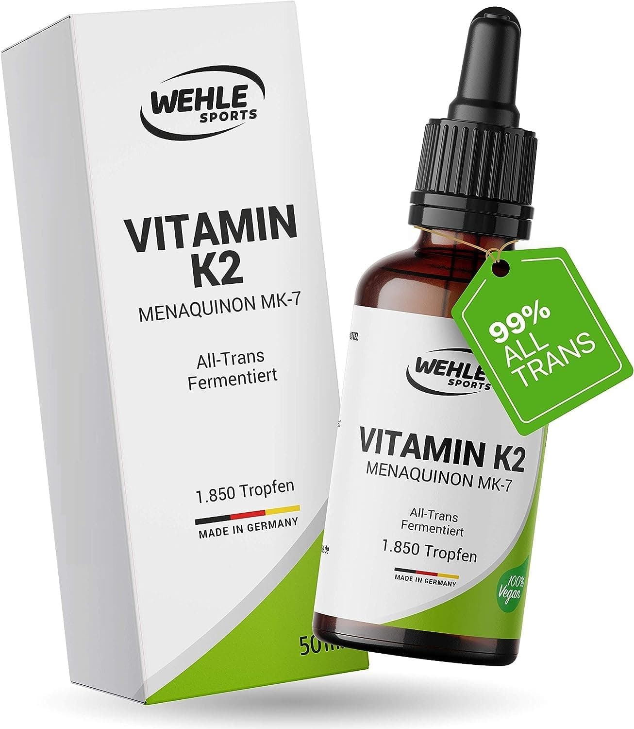 Vitamin K2 MK7 200µg 1850 Tropfen 50ml - Premium: 99% All-Trans Menaquinon - Laborgeprüft, vegan, hochdosiert, und hergestellt in DE. - Verpackung kann variieren