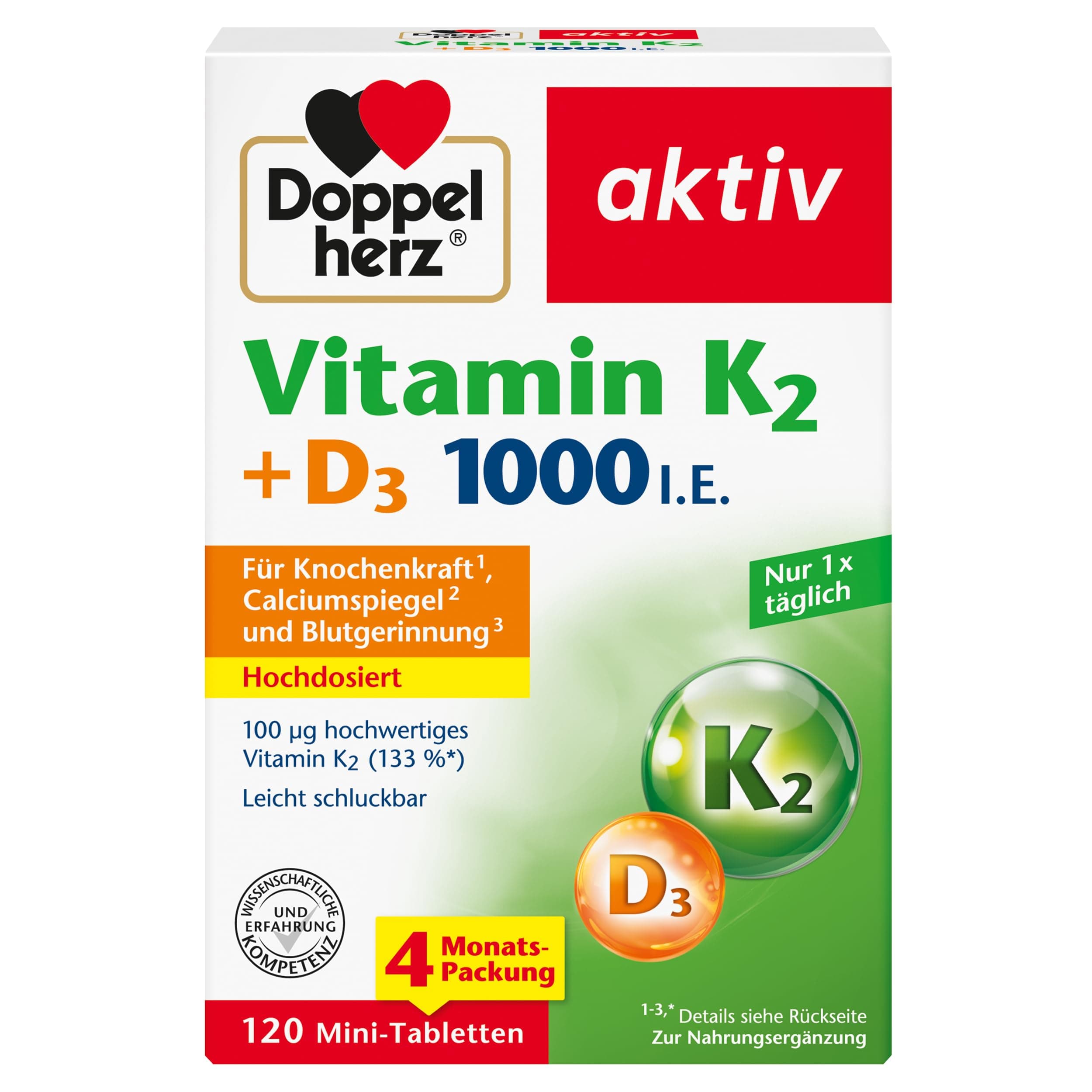 Doppelherz Vitamin K2 + D3 1000 I.E. - Vitamin D und K tragen im Zusammenspiel zum Erhalt gesunder Knochen bei - 120 Mini-Tabletten