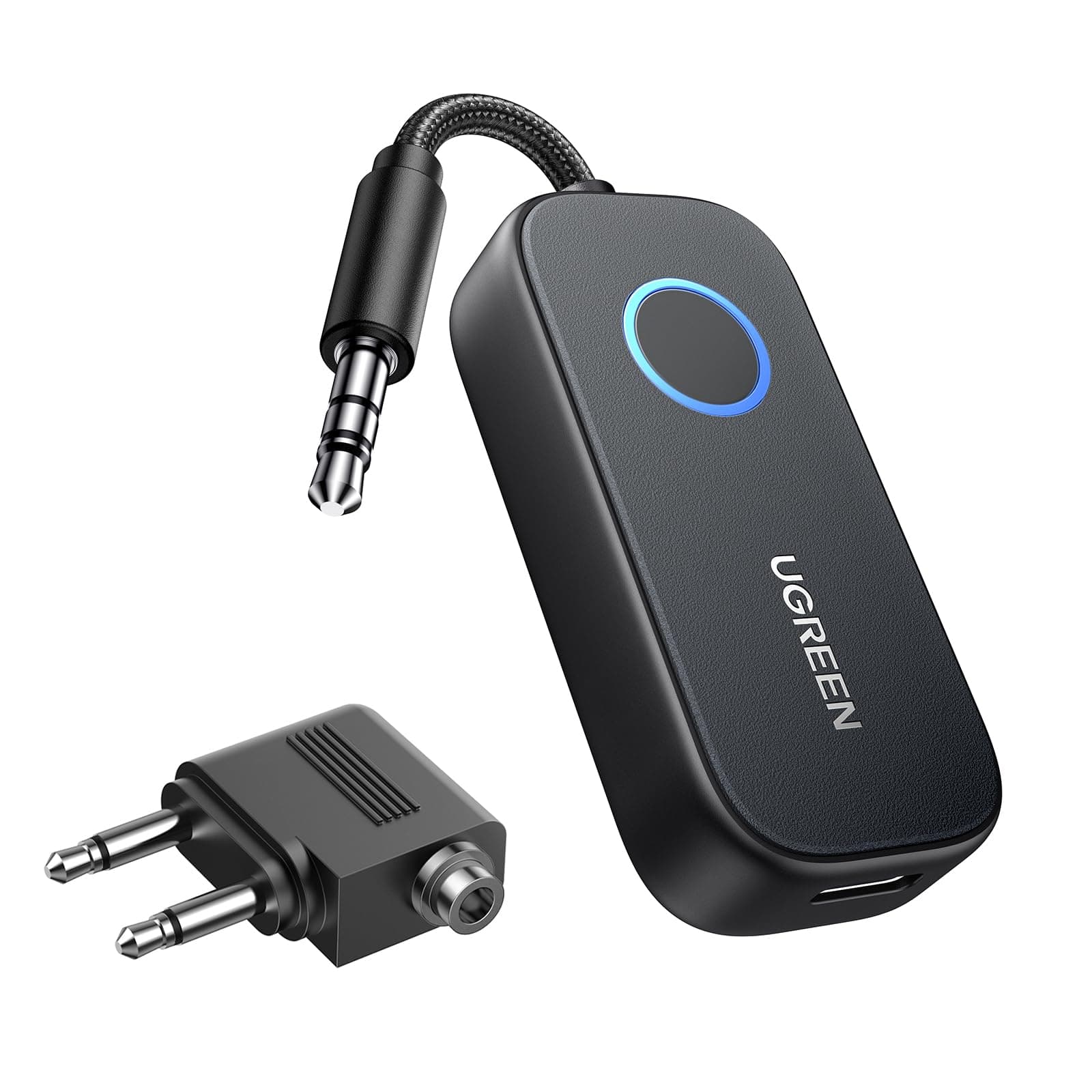 UGREEN aptX Flugzeug Bluetooth 5.3 Sender mit Extra Dual 3.5 mm AUX Adapter, Bluetooth Adapter für Zwei Kopfhörer, wie Airpods, 2 in 1 Transmitter Empfänger Kompatibel mit TV, Stereoanlage