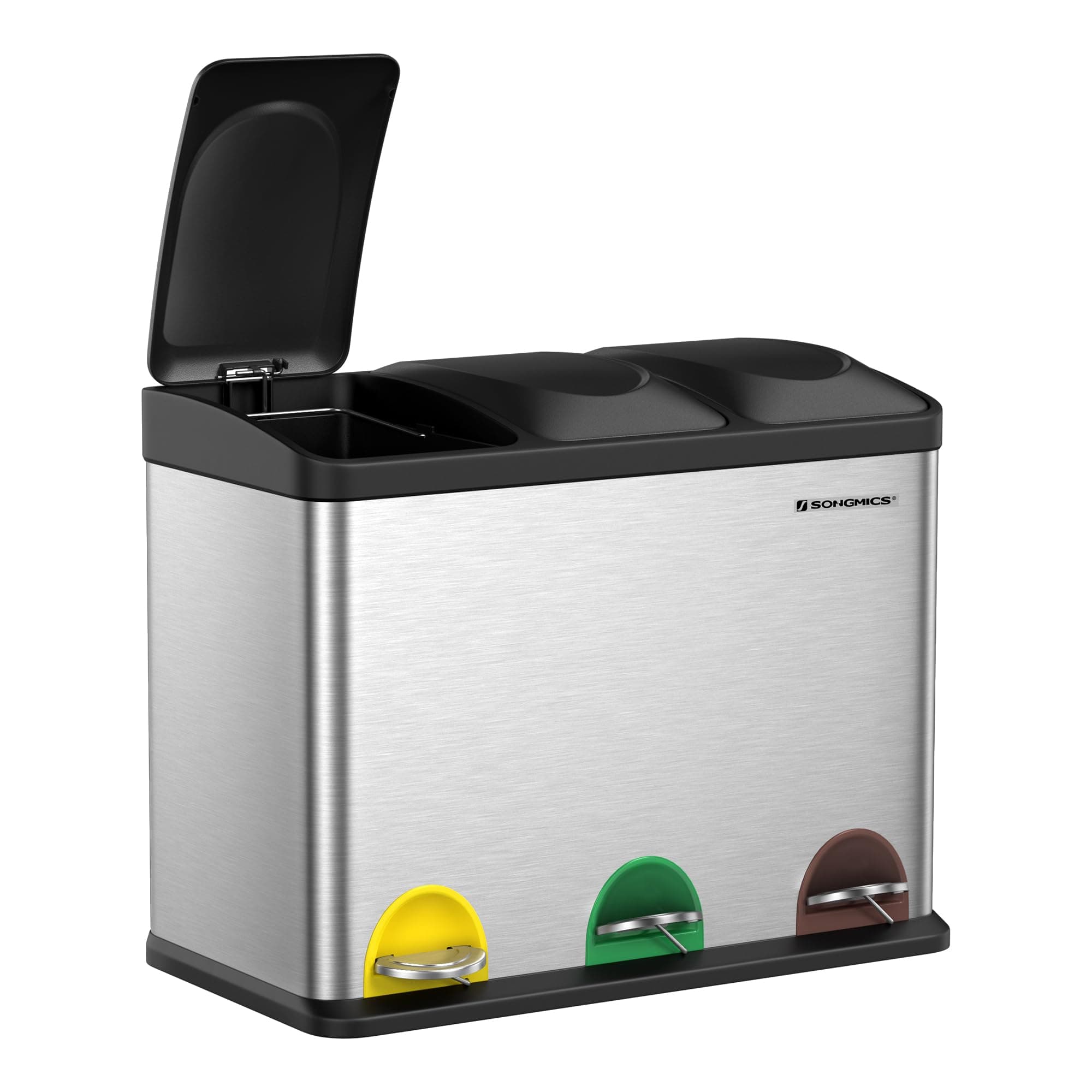 SONGMICS Cestino da Cucina, Pattumiera Tripla per Riciclaggio a Pedale, Metallico da 45 Litri, Raccolta Differenziata, 3 x 15L, con Coperchio, Acciaio, Argento Metallico e Nero Inchiostro LTB45L
