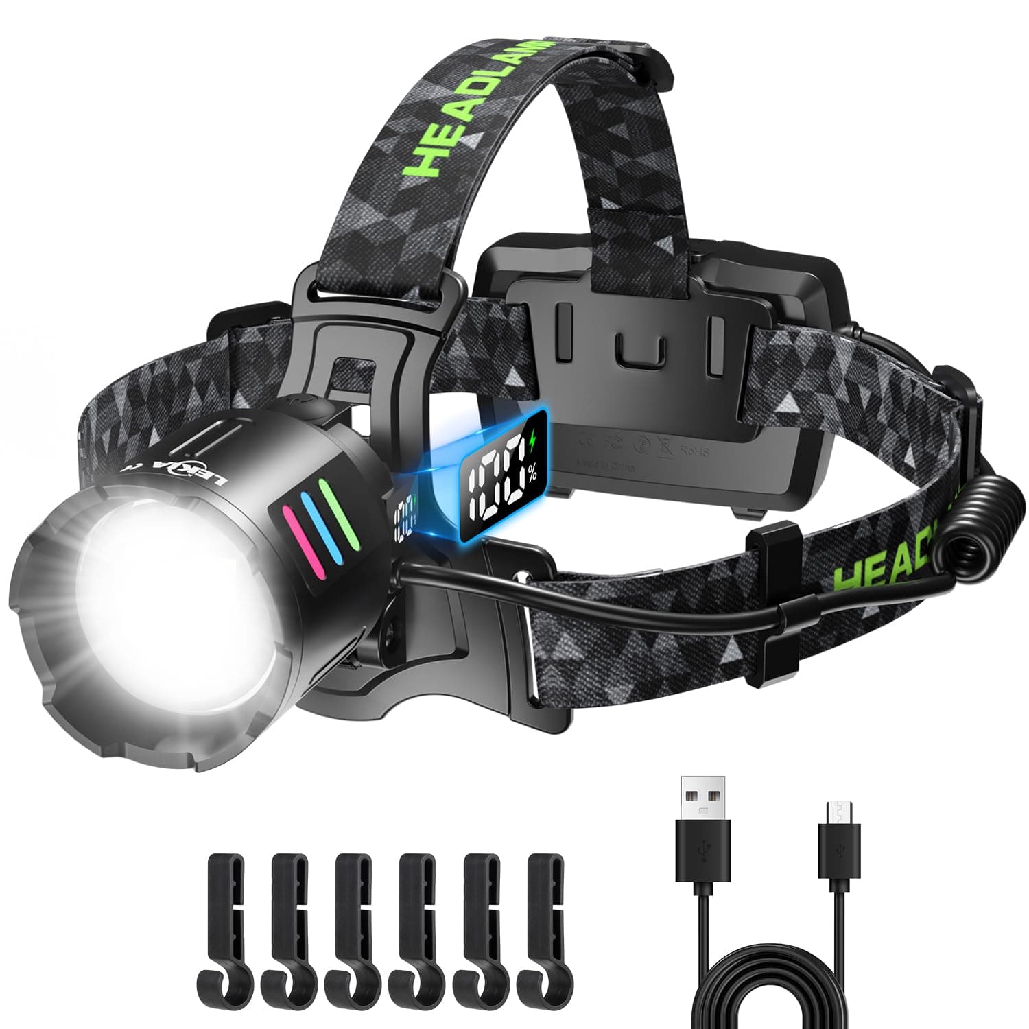 LEKIA Linterna Frontal Alta Potencia Recargable USB C, Super Brillante 100000LM 3 Modos Linterna Cabeza con Sensor, Batería de 9000mAh, IP65 Impermeable, Zoom para Cámping Ejecutar