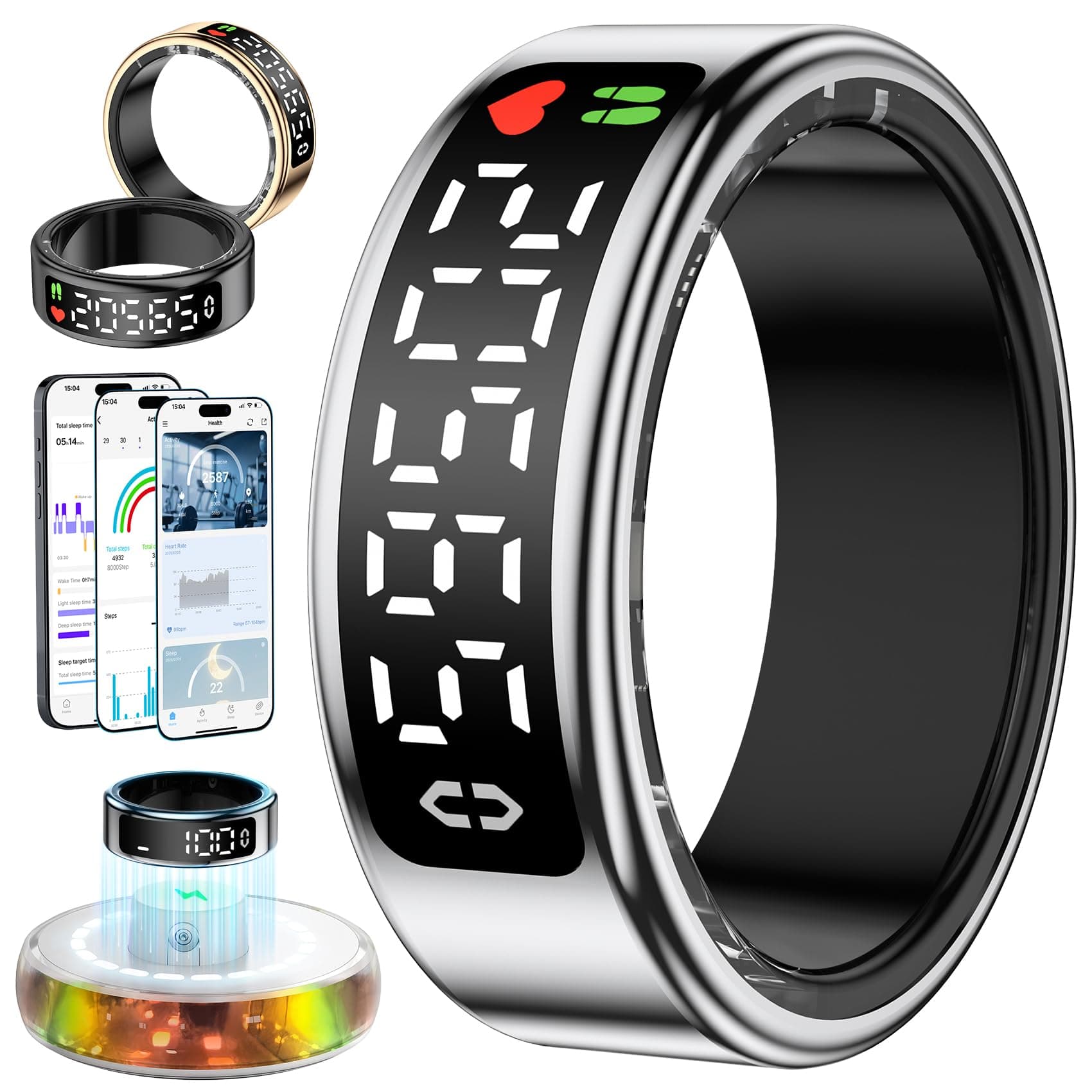 2025 Anillo Inteligente Hombre Mujer, Smart Ring con Pantalla LED, Health Fitness Ring Tracker IP68, Smartring con iOS y Android para Monitorear el Sueño/Pulsometro/SpO2/Estrés/HRV (Plateado, 13)