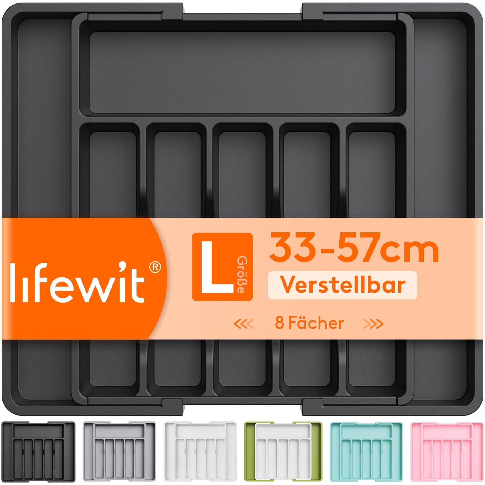 Lifewit Besteckkasten für Schubladen 40 50, verstellbarer Kunststoff Organizer Küche Tiefe 38 cm, Besteckeinsatz 6-8 Fächer, erweiterbar bis 57 cm, für Löffel, Gabeln und Geschirr, Schwarz