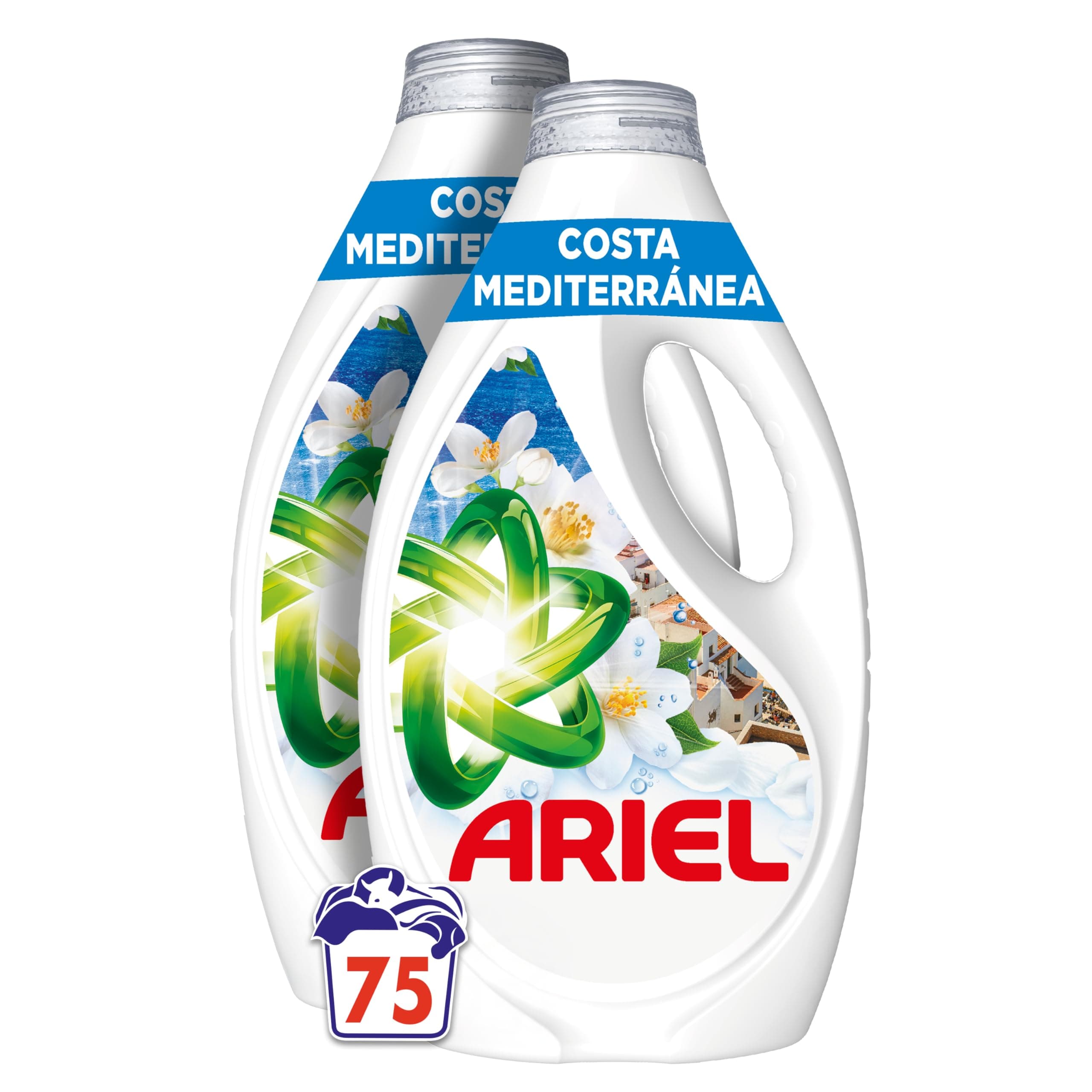ARIEL Costa Mediterránea, Brisa Marina & Jazmín, Detergente Líquido, 75 Lavados (Pack de 3) – Limpieza Impecable y Frescor de Lenor
