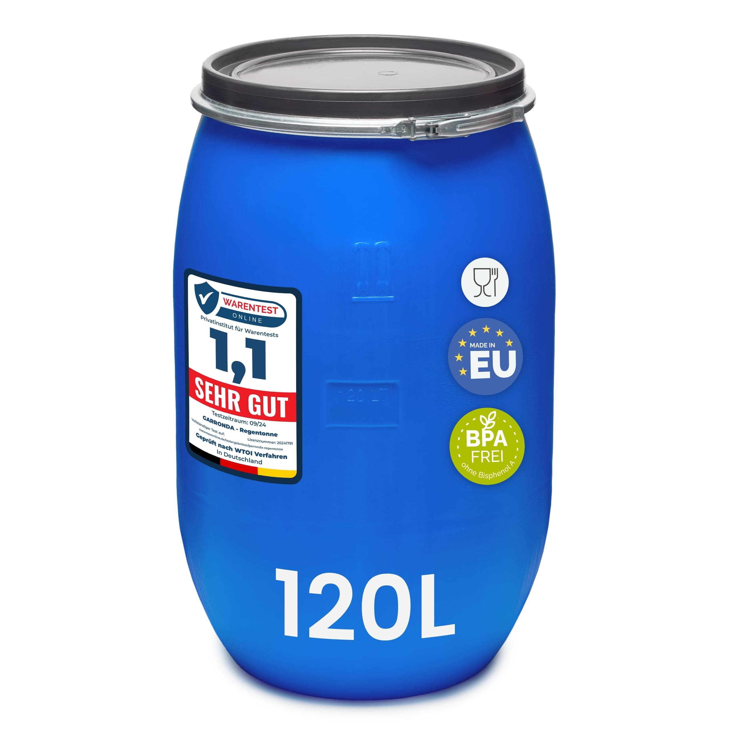 Garronda 120 litros sin Asas Barril alimentario, depósito de Agua, Barril de Boca Ancha en HDPE y sin BPA, tonel de jardín, contenedor de Alimentos para Animales, Universal GD-0078, Azul