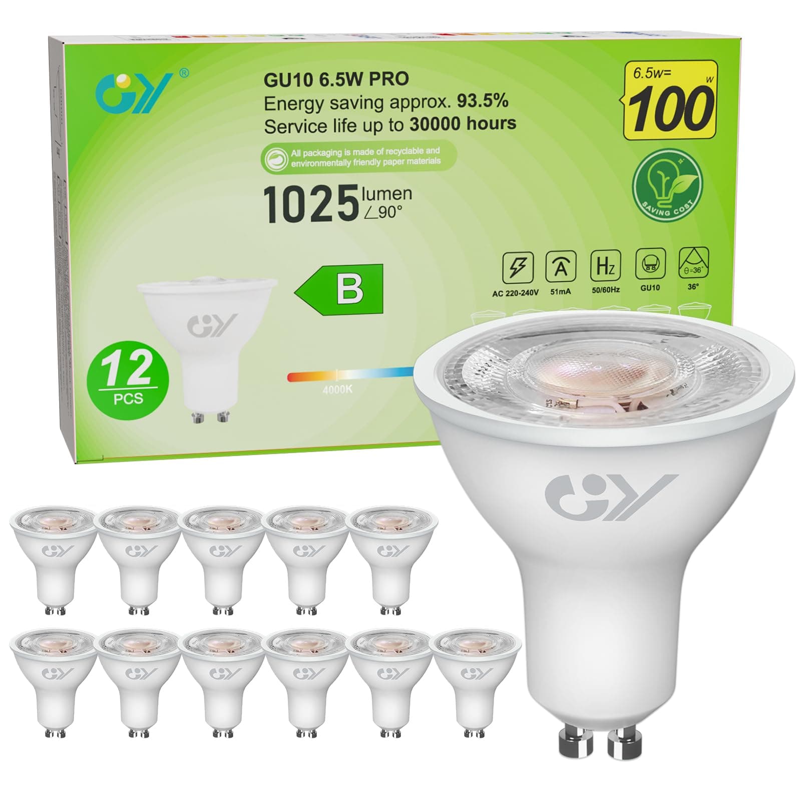 GY GU10 LED spot 6.5W bombilla led gu10, Luz neutra 4000K 1025 Lumen, 6.5W equivalentes a 100W, ángulo de haz 36°, bombilla bajo consumo,No Regulable,12 piezas