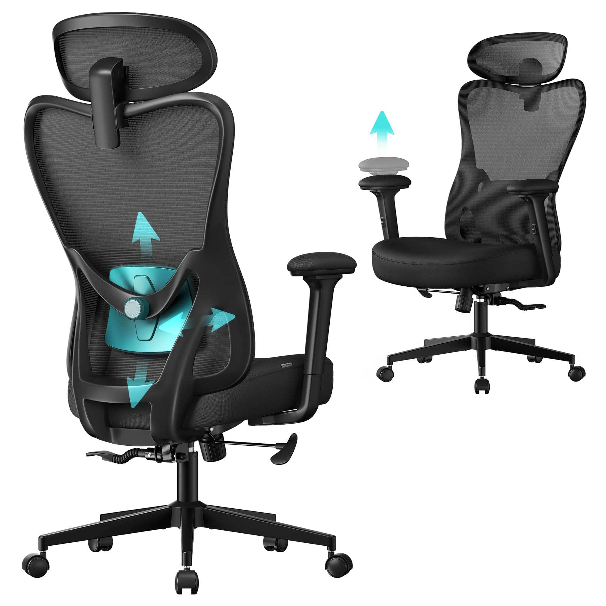 SONGMICS Sedia da Ufficio Ergonomica, Sedia da Scrivania Computer, Poggiatesta e Supporto Lombare Regolabili, Portata Fino a 150 kg, Regolabile in Altezza, Nero Inchiostro OBN066BH01