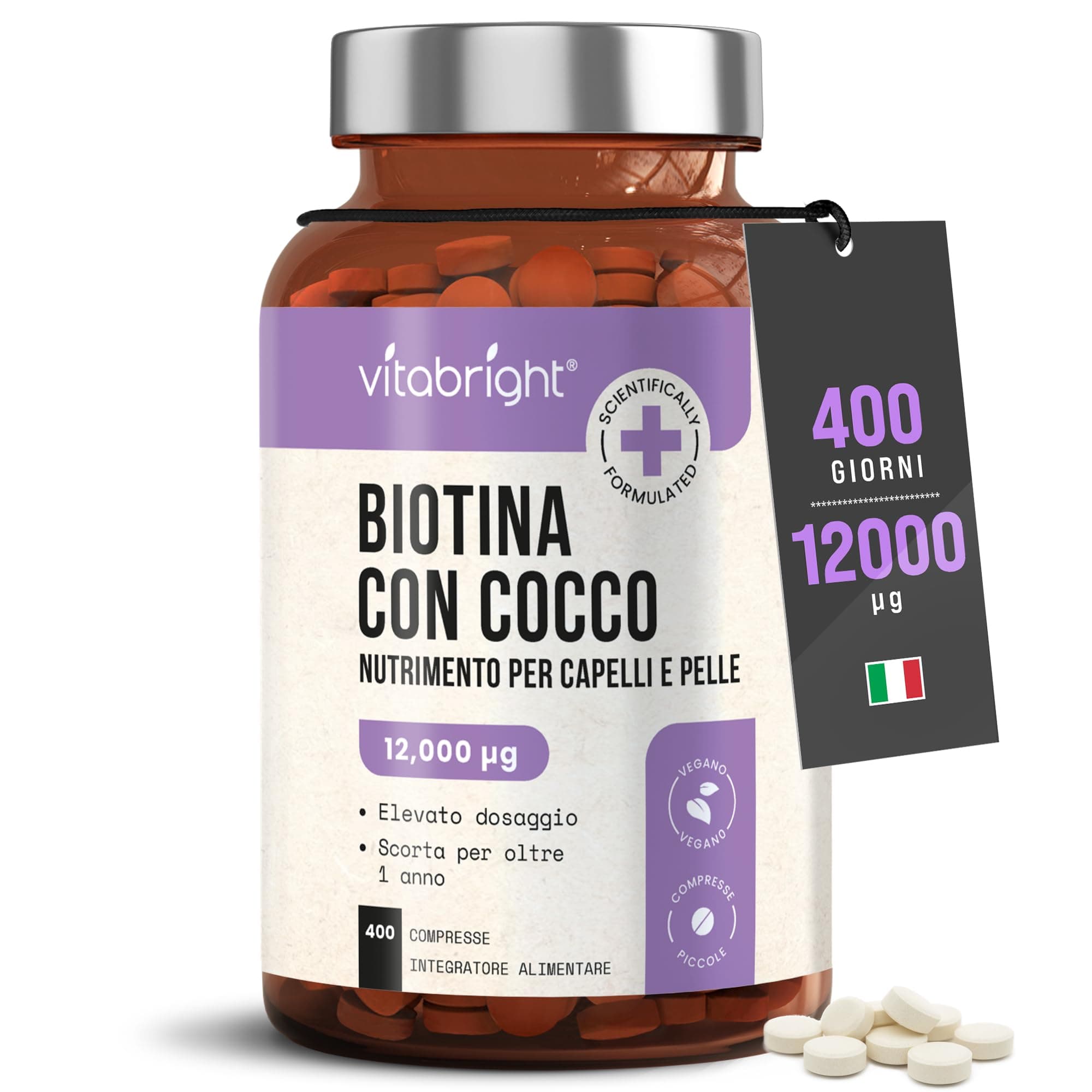 Biotina per Capelli, Pelle e Unghie | Alta Dose 12.000 µg Compresse | Fornitura per 1 Anno | Vitamina B7 Integratore per Crescita dei Capelli | Donna e Uomo | VitaBright