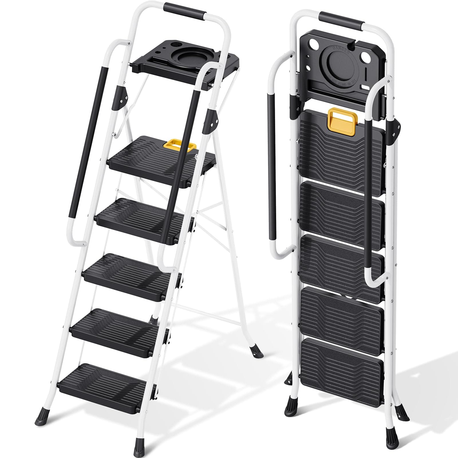 KINGRACK Escalera Plegable 5 Peldaños, Carga hasta 150 kg, con Bloqueo de Seguridad, Pedales Anchos Antideslizantes, Pasamanos, Bandeja de Herramientas Escalera Doméstica Hogar Oficina Armarios Blanco