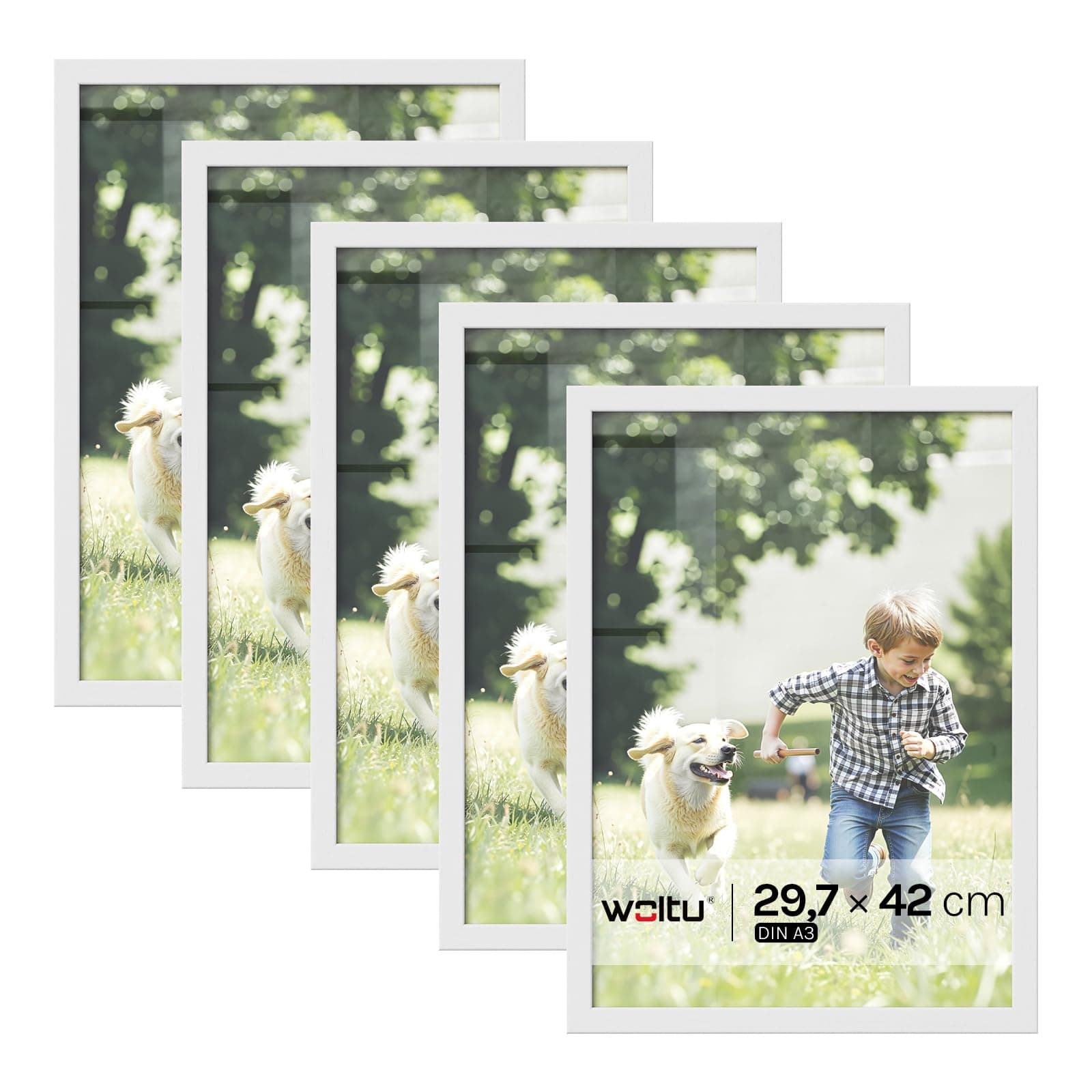 WOLTU Bilderrahmen A3 (29,7x42 cm) Weiß, 5er Set MDF-Holz Fotorahmen mit Passepartout für Fotos DIN A4, bruchsichere PS-Platte zum Aufhängen und Aufstellen, Collage Wanddeko Rahmen