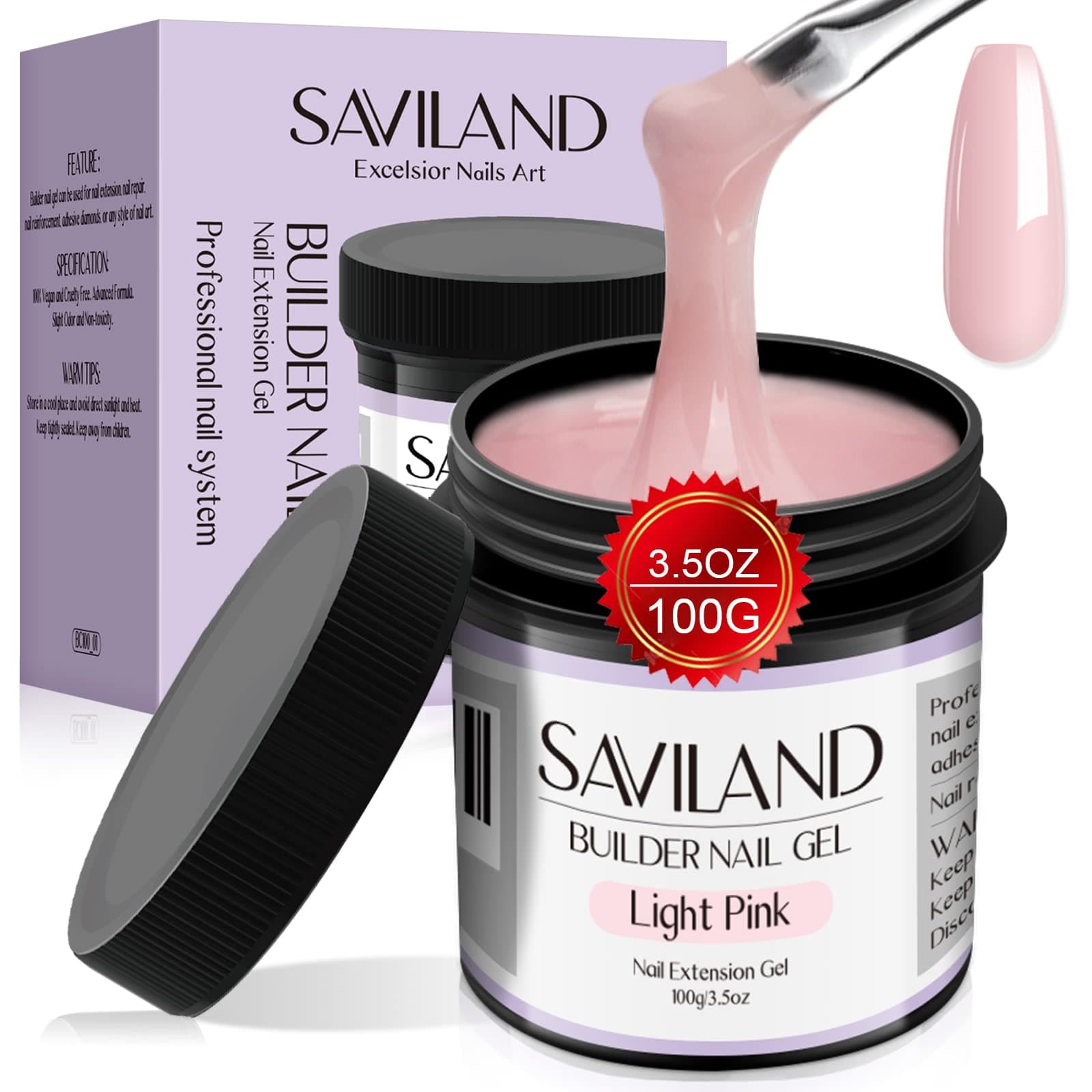 Saviland 100 millilitre Gel Ongle U V Construction, Builder Gel Ongles Professionel Dur Rose Clair Grande Capacité pour Protéger les Cassés, Renforcement, Nail Art, Manucure Réparation