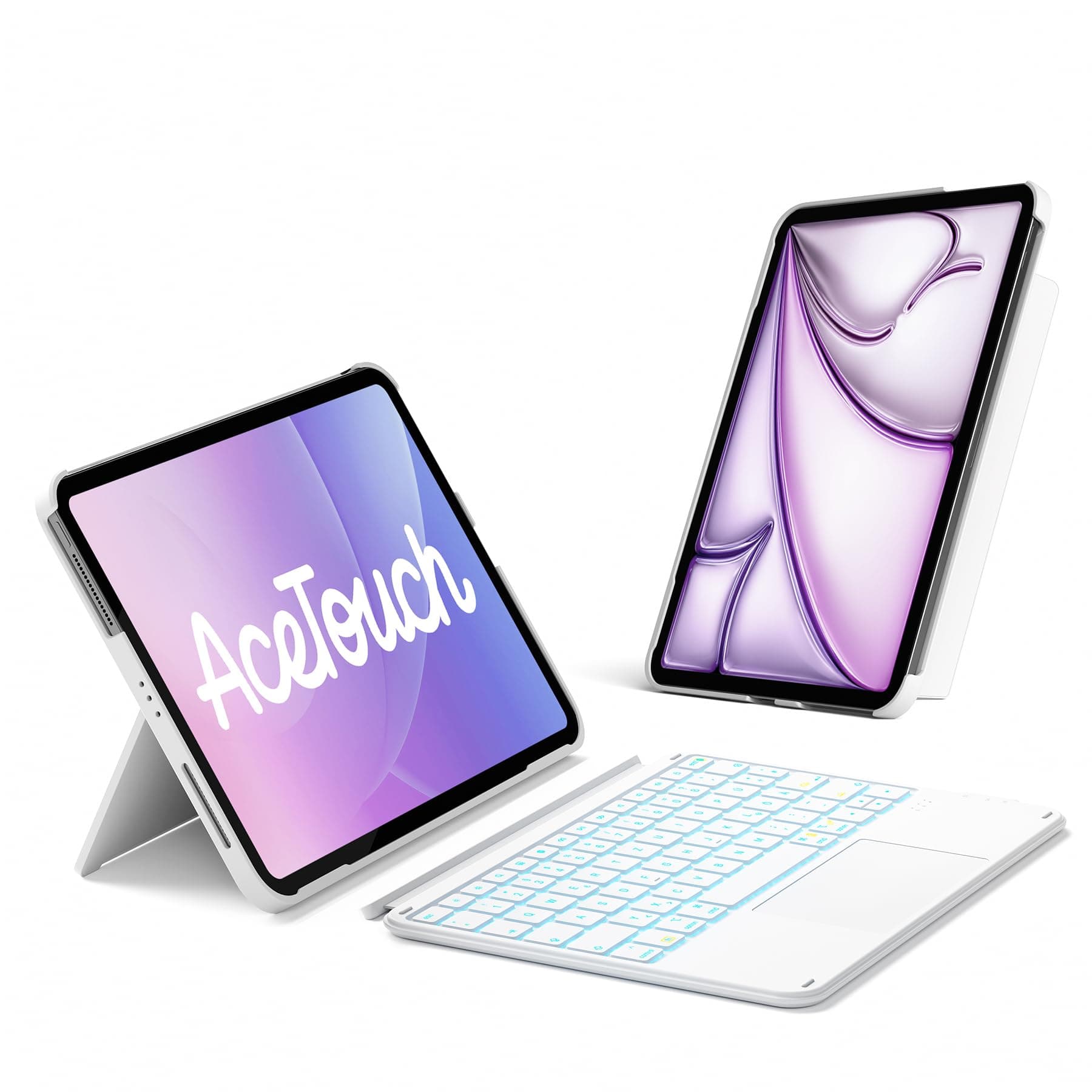 Inateck Hülle mit Tastatur,Ultraleichte Tastatur für iPad 11/10 Gen A16 2025 11 Zoll,iPad Air 11" M3/M2,Air 5/4,Pro 11 4/3/2/1,Abnehmbar,7-FarbigerBeleuchtung,Tarckpad,QWERTZ,AceTouch KB04122RGB Weiß