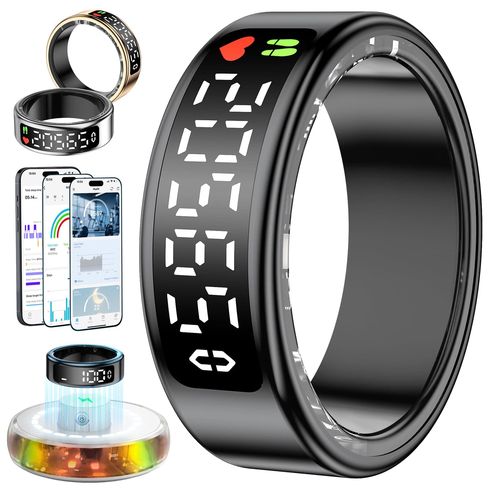 2026 Anillo Inteligente Hombre Mujer, Smart Ring con Pantalla LED, Health Fitness Ring Tracker IP68, Smartring con iOS y Android para Monitorear el Sueño/Pulsometro/SpO2/Estrés/HRV (Negro, 10)