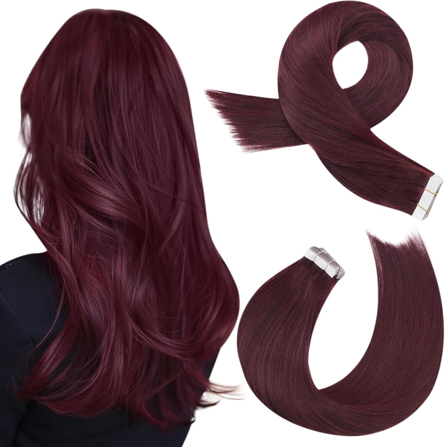Moresoo Extension Cheveux Naturel Adhesif Vigne Rouge Foncé Remy Extension Adhesive Cheveux Naturel Invisible Rouge Foncé #99J 45 cm 20 Pièces 50g