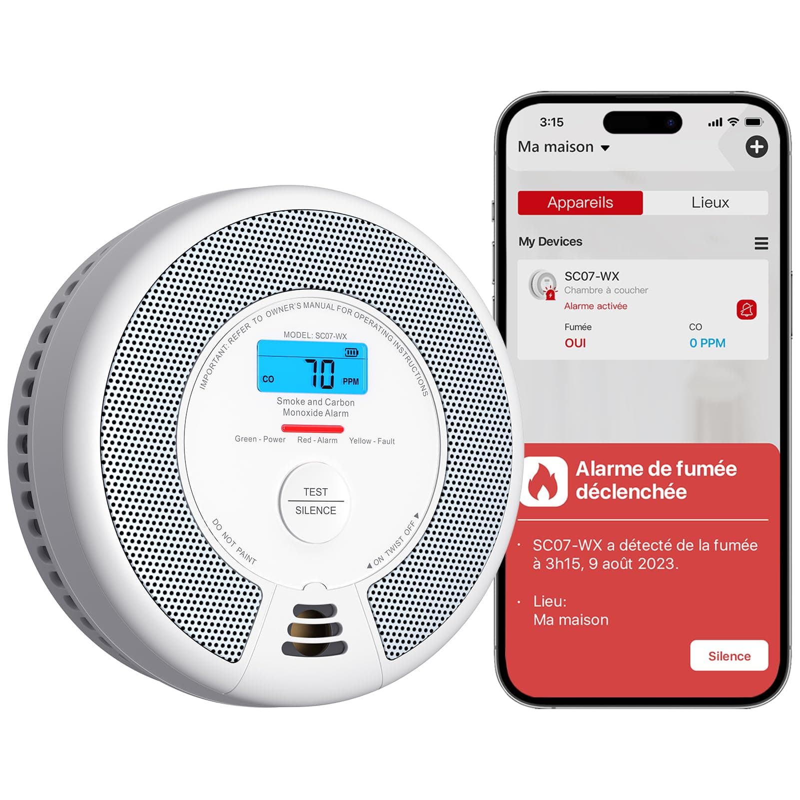 X-Sense Détecteur de Fumée et de Monoxyde de Carbone Connecté avec Batterie Remplaçable, Détecteur Intelligent Compatible avec X-Sense Home Security App, SC07-WX, Lot de 1