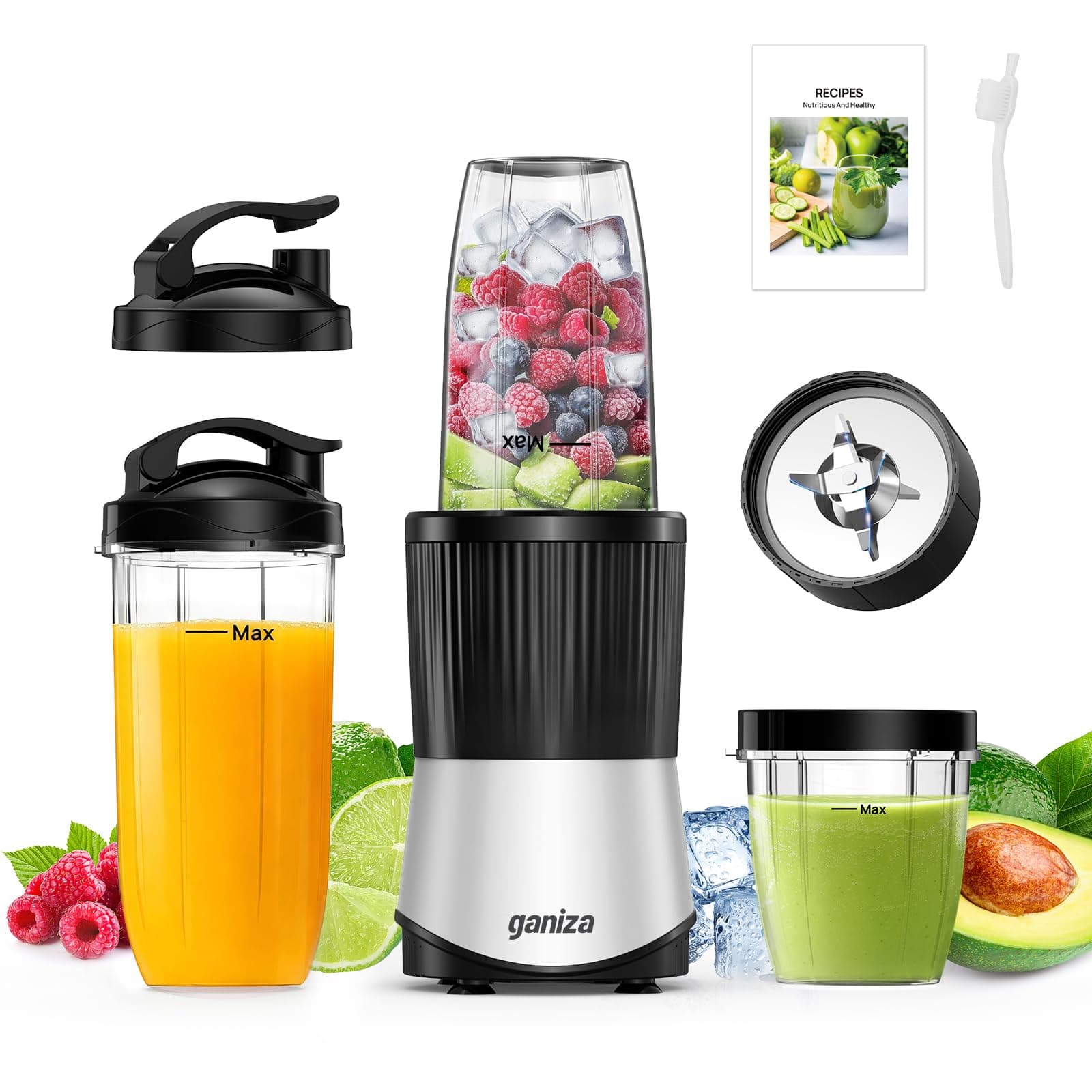 Ganiza Batidora de Vaso, Minilicuadorade 900 W, 25 000 RPM, 3 Vasos Tritan para Llevar (300 ml, 500 ml y 700 ml), 4 Cuchillas Asimétricas, para todo tipo de Batidos y Smoothies