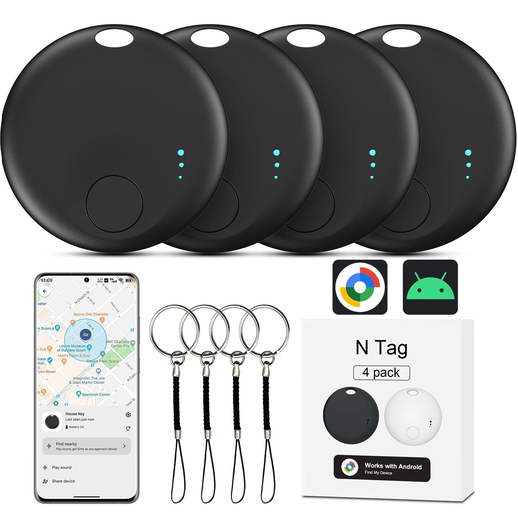 Air Tracker Android, 4 Traceur Localisateur D’Objets Bluetooth, Smart Tracker Tag Fonctionne avec l’app Google Localiser (Uniquement Android), Smart Traceur Tag pour clés, Bagages