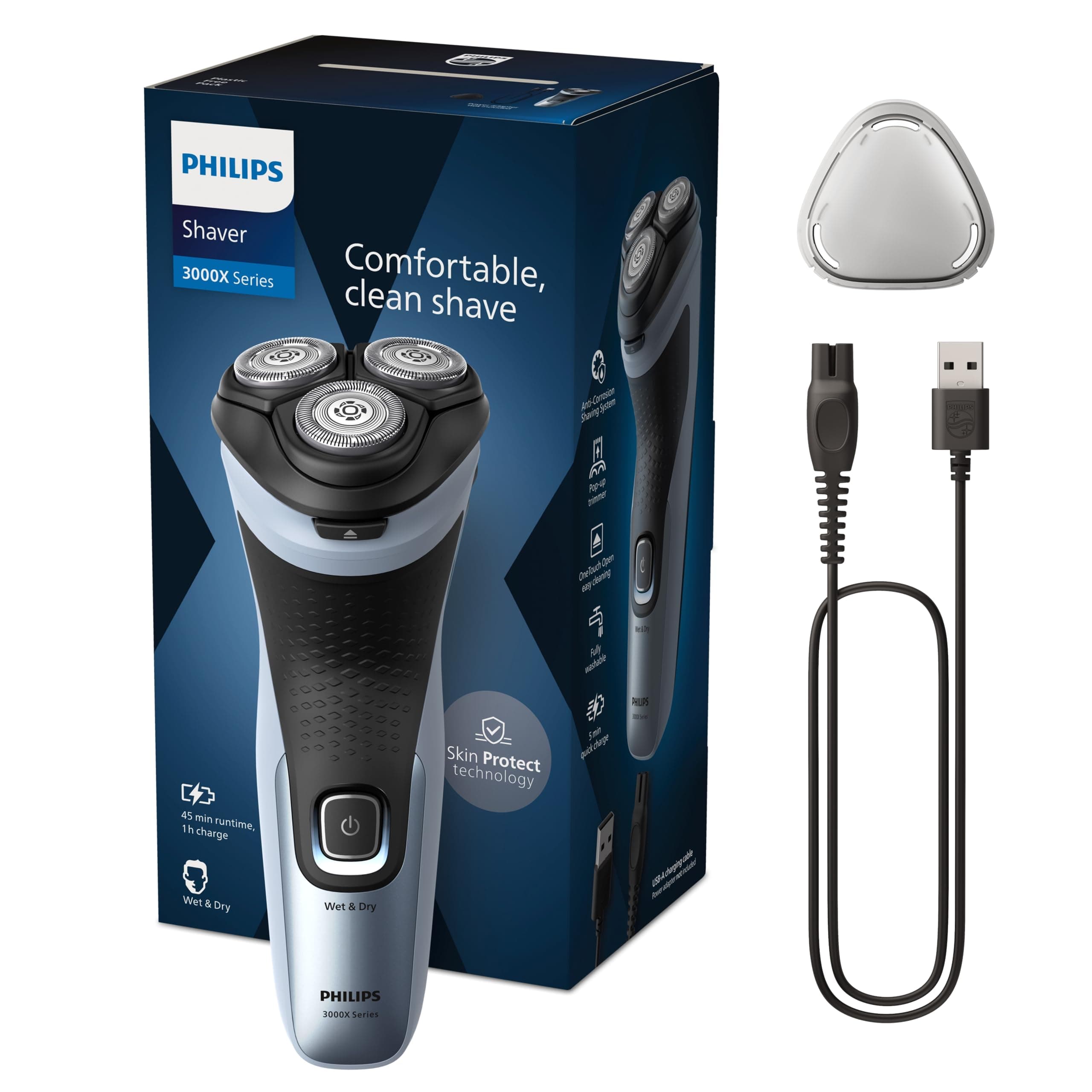 Philips rasoio elettrico serie 3000x - Rasoio elettrico Wet & Dry per uomo colore blu cielo, con tecnologia SkinProtect, rifinitore a scomparsa, rasoio ergonomico per uomo (modello X3053/00)