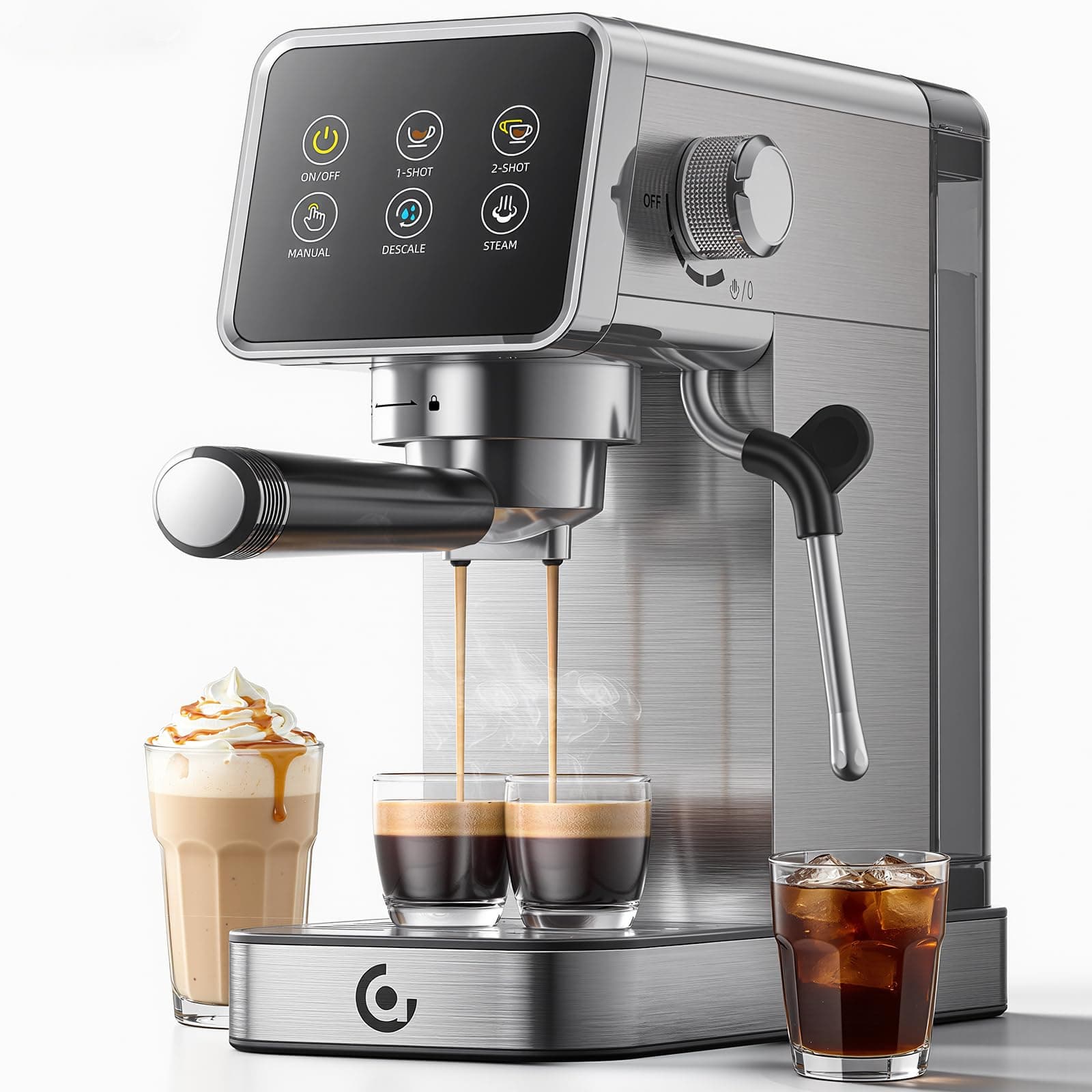 AMZCHEF Cafetera Espresso 20 Bar de Acero Inoxidable con Pantalla LED Táctil, Cafetera Express con Autolimpieza y Vaporizador de Leche, Compacta para Cappuccino y Latte, Ideal para Casa y Oficina