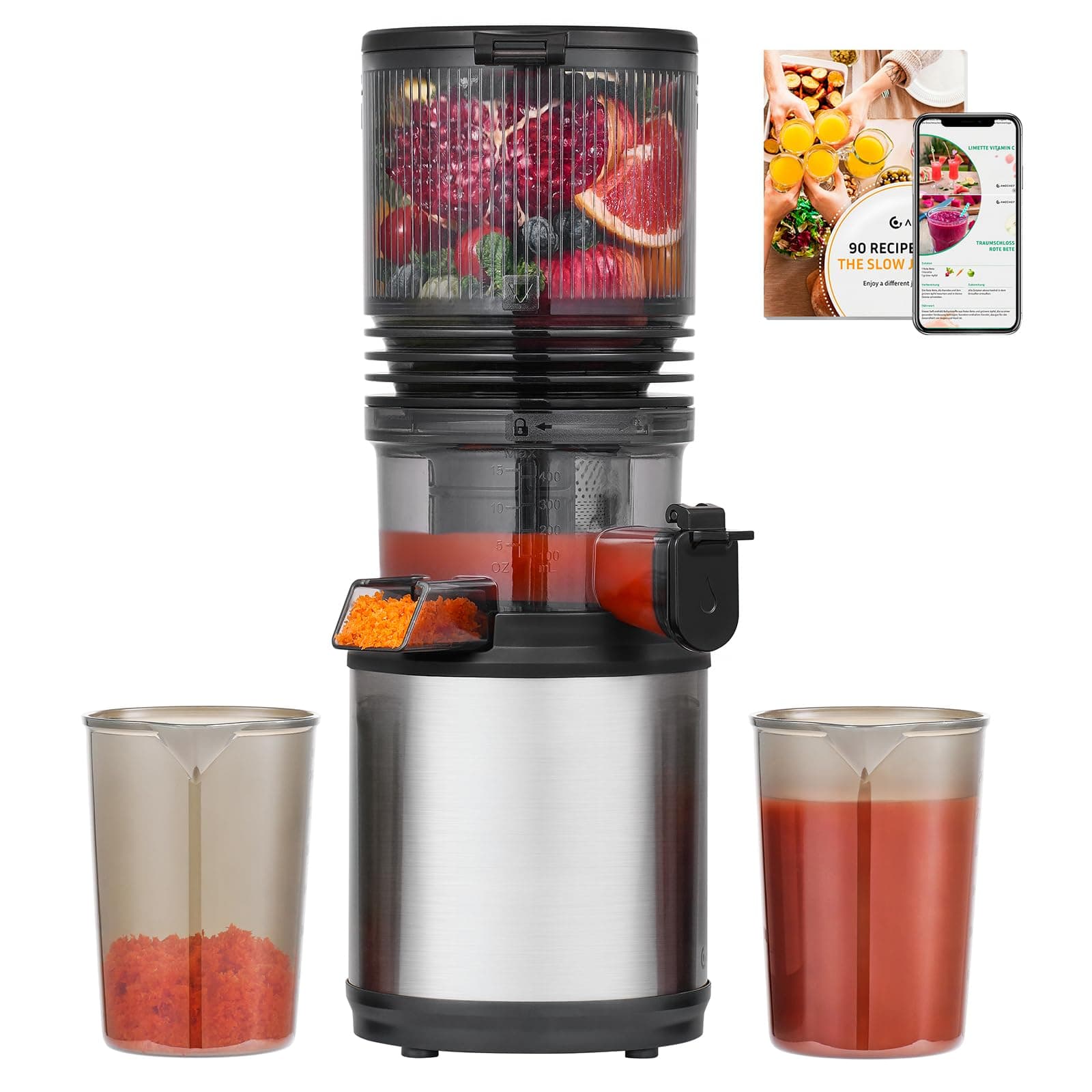 AMZCHEF Extracteur de Jus Fruits et Légumes, Large Ouverture XXL 160 mm pour Fruits Entiers, Slow Juicer Silencieux ≤45 dB, Capacité 2 L, Triple Filtre Inox, Machine à Jus Facile à Monter et Nettoyer