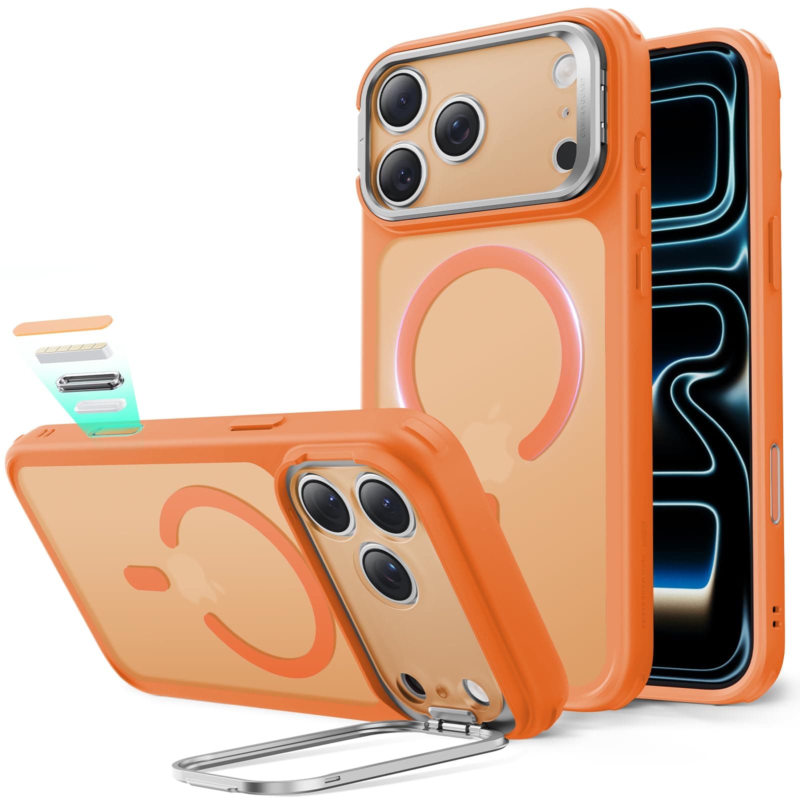 ESR für iPhone 17 Pro Max Hülle, Kamerasteuerung, kompatibel mit MagSafe, Militärnorm Schutzhülle, integrierter Versteck Ständer Handy Case, Kratzfeste Rückseite, Classic Serie, Matt Orange